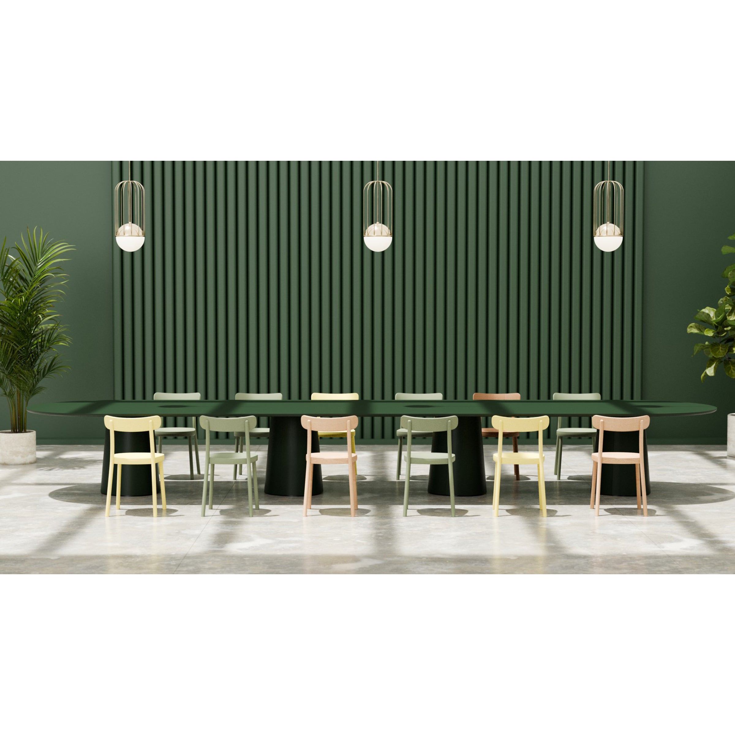 A modern conference room features a sleek TON P.O.V. Plus Table 481 in vibrant green, paired with nine pastel chairs. It boasts a dark green wall with vertical panels, two pendant lights, potted plants on each side, and is elegantly finished with a light gray floor for a sophisticated look.