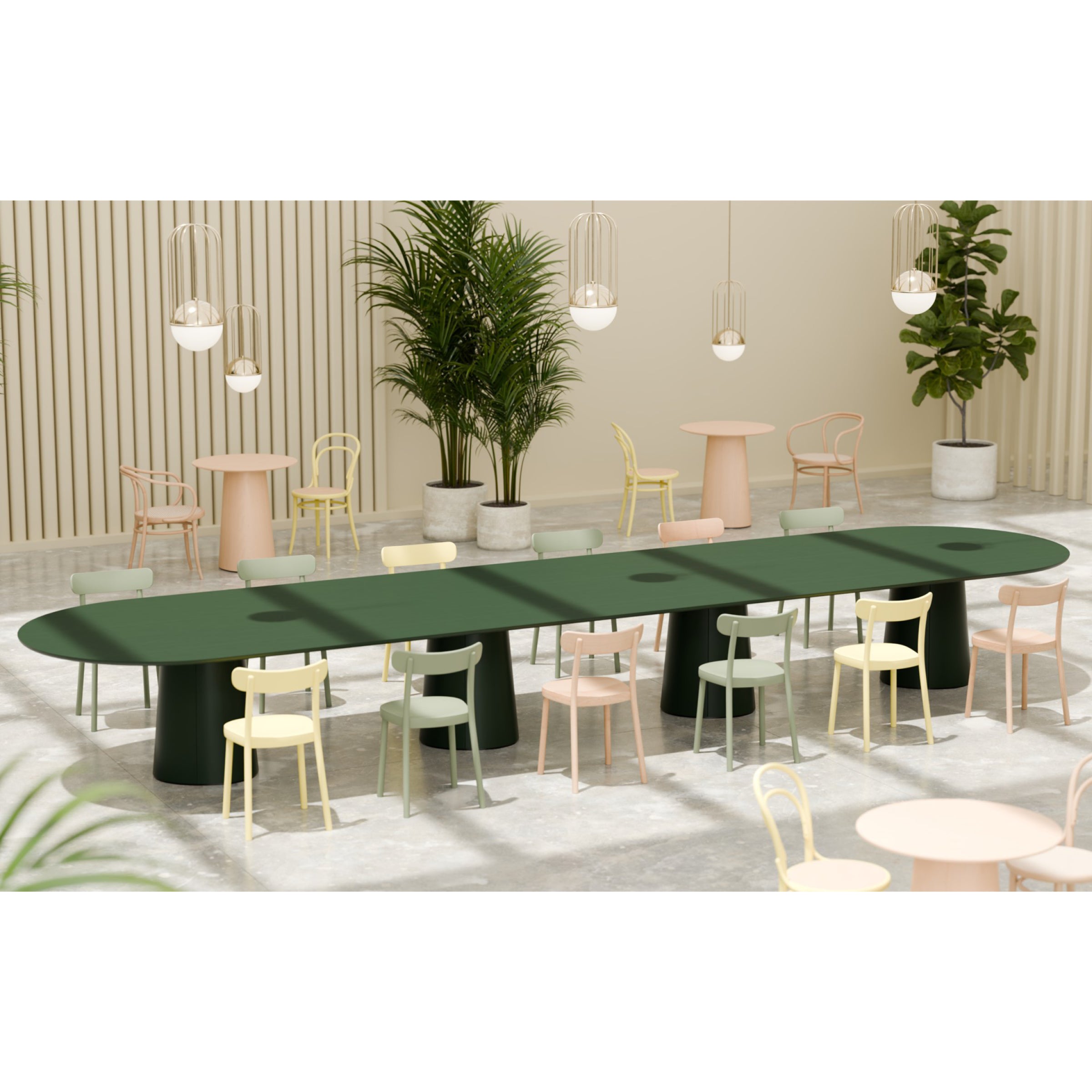 A modern dining area showcases the P.O.V. Plus Table 481 by TON in green, flanked by pastel chairs. Strategically placed potted plants and pendant lights enhance the serene ambiance created by vertical wooden slats, making it ideal for both office and dining settings.