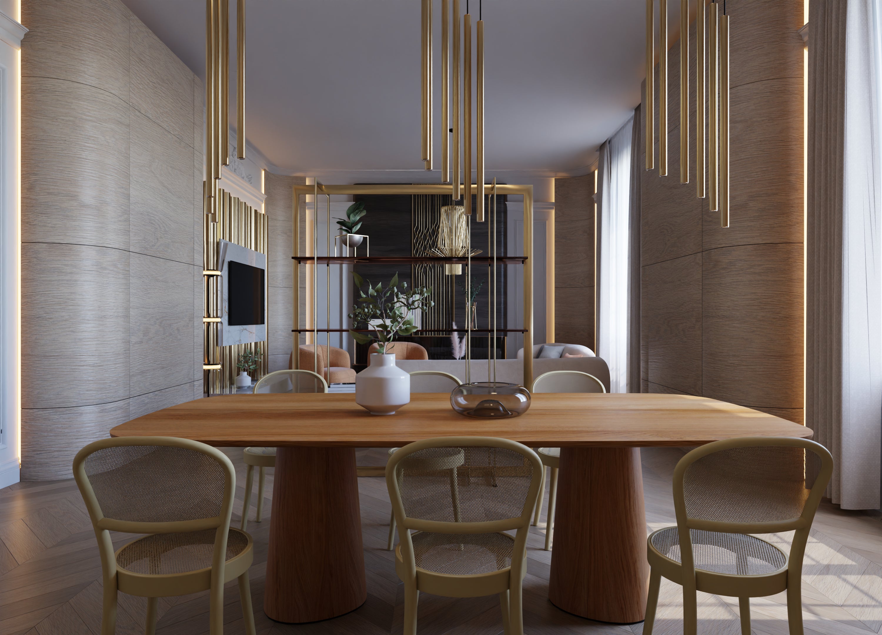 A modern dining room showcases exquisite bentwood craftsmanship with a wooden table and six beige TON Chair 314 - Canes. Pendant lights gracefully hang above, while a shelf with plants and decor enhances the contemporary look. Large windows illuminate the space with natural light.