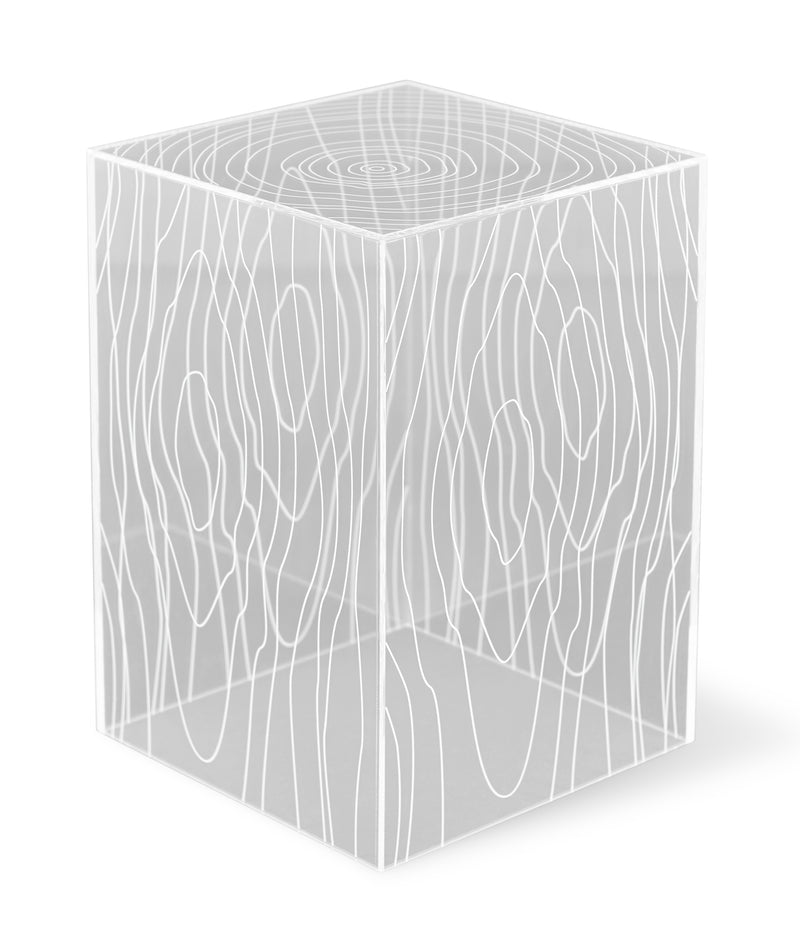 Transparent acrylic cube side table with white wood grain pattern on all surfaces against white background