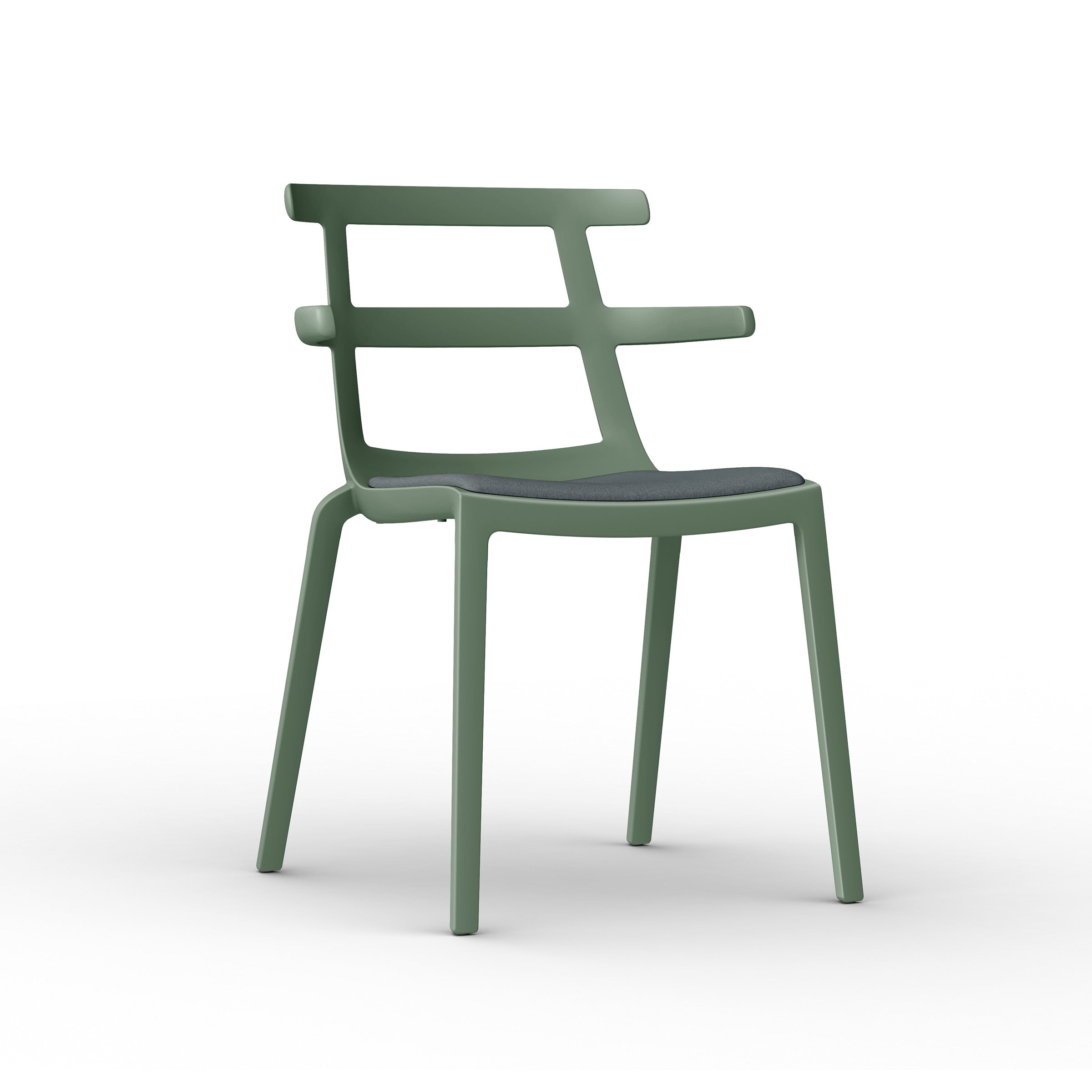 The Tokyo Chair Upholstered by Resol is a green, modern piece with open horizontal slats on the backrest and a dark cushioned seat. Sustainably crafted and UV protected, it’s ideal for both indoor and outdoor use, set against a plain white background.