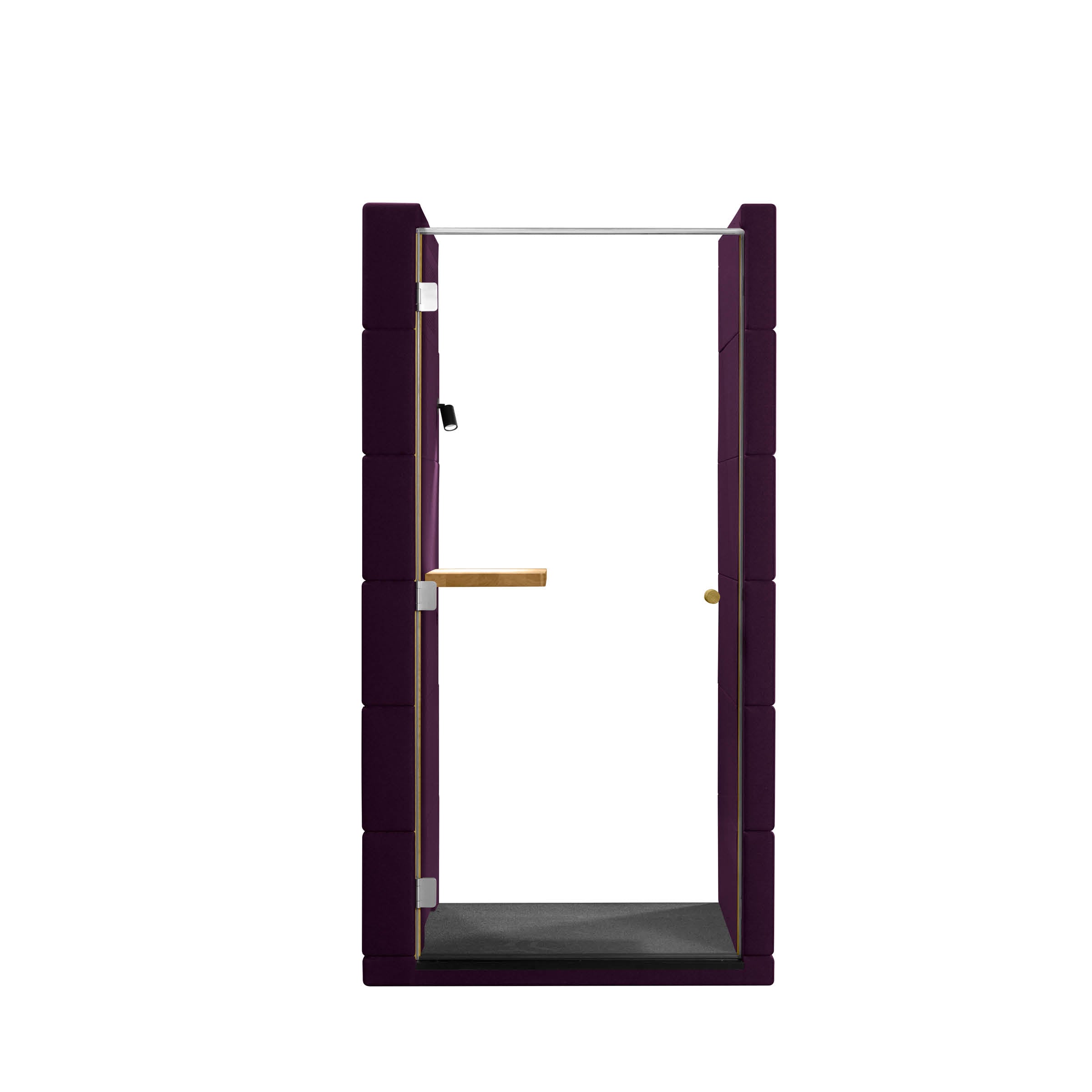 The OFFICE POD UNIQ by SilentLab is a modern office pod with a transparent door, dark purple exterior, acoustic upholstery, and soundproofing. Inside, it features an interior light illuminating a small wooden desk for private calls or focused work.