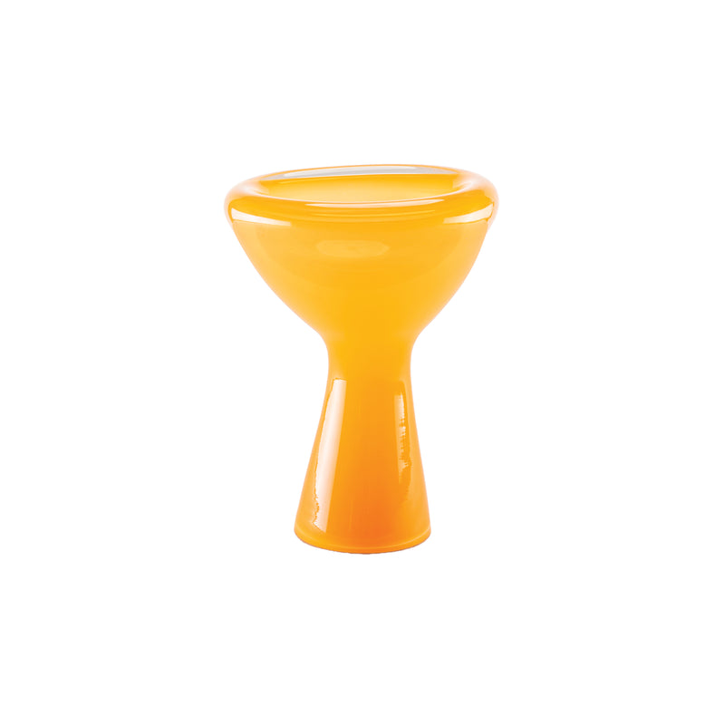 The PHANTOM Dish by Ursula Futura is a sleek, modern ceramic piece with a vibrant orange hue, featuring an hourglass shape with a wide, rounded top and narrow base, beautifully set against a plain white background.