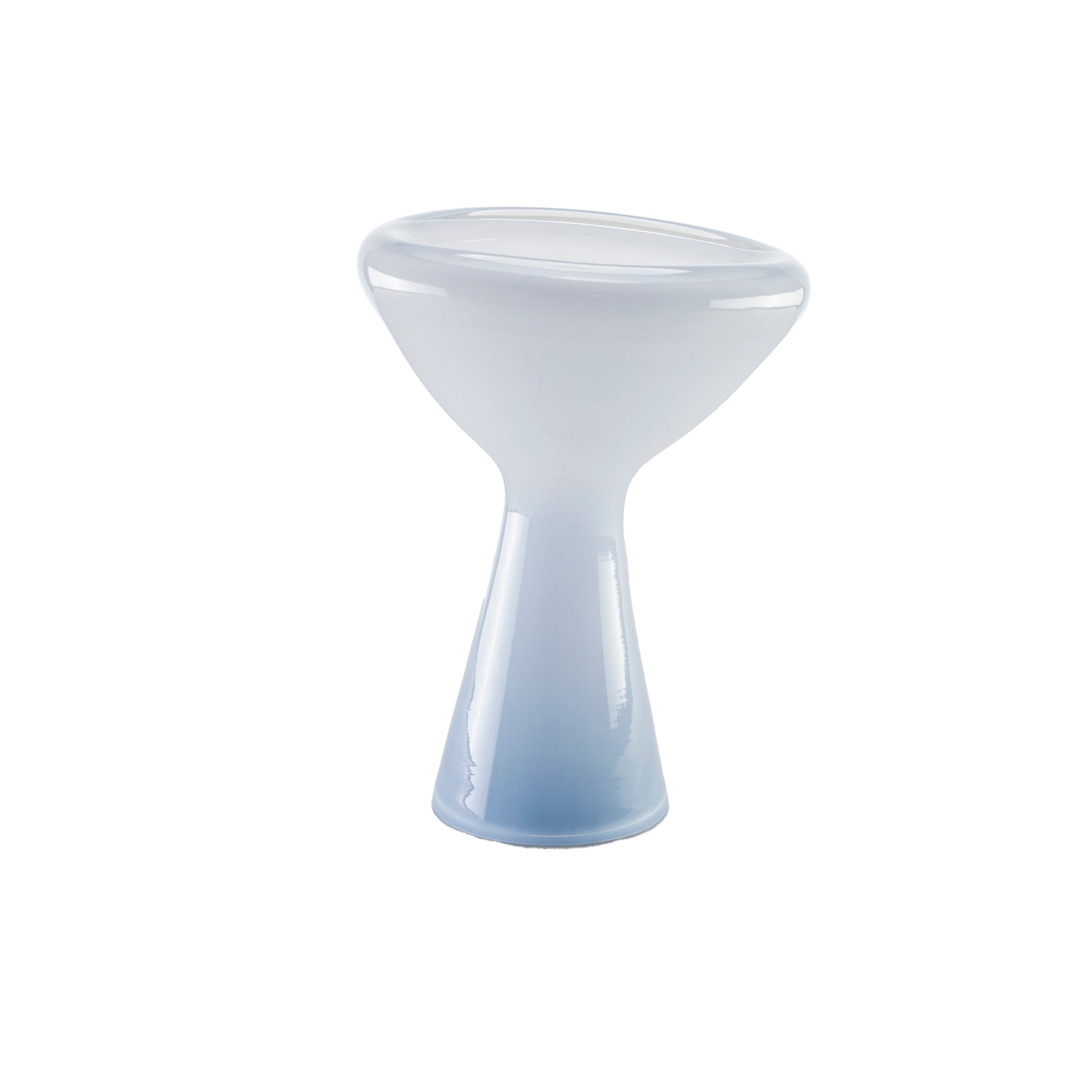 The PHANTOM Dish by Ursula Futura is a modern white stool with a glossy finish and an hourglass shape, like mouth-blown glass. Its round top is slightly larger than the base, offering a balanced design perfect for contemporary decor.
