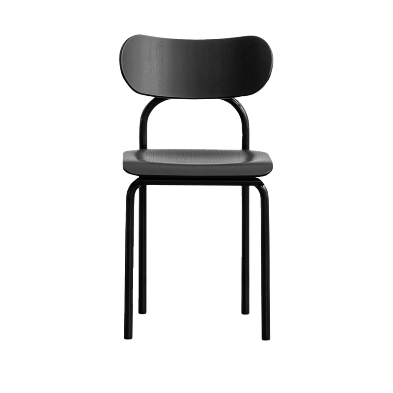 The sleek black Victor Foxtrot Double U Chair features a minimalist design with a curved backrest, flat seat, and four tubular steel legs, embodying iconic modern furniture aesthetics.
