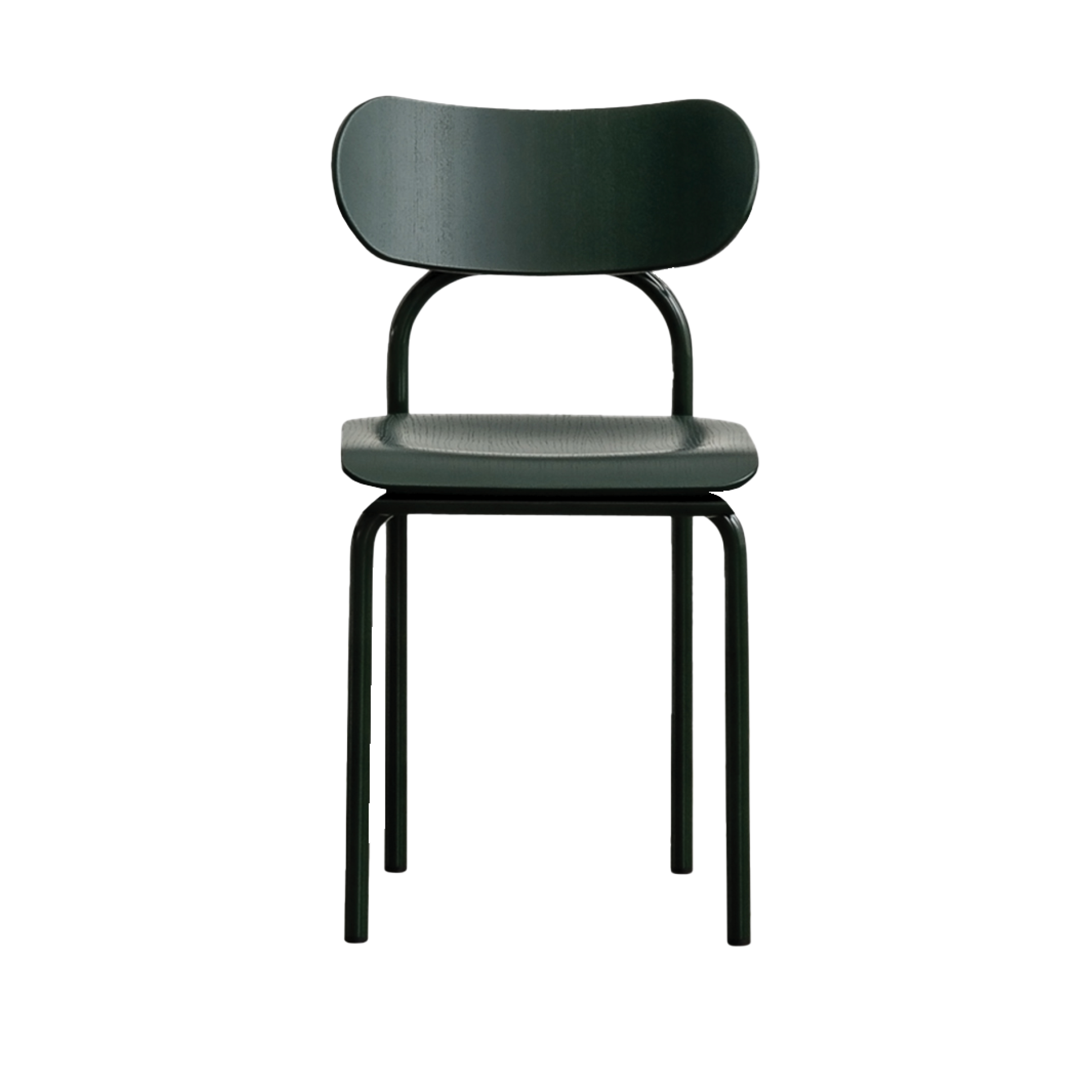 The Double U Chair by Victor Foxtrot boasts iconic aesthetics with a minimalist dark green seat and rounded backrest. Its tubular steel legs enhance the smooth wooden finish, presenting a sleek modern design against a white background.