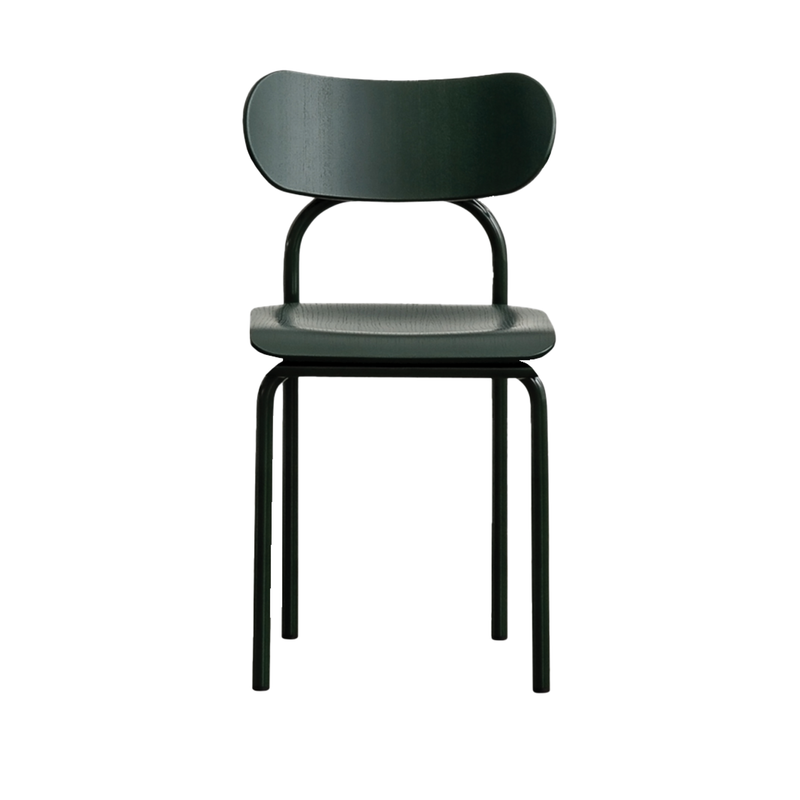 The Double U Chair by Victor Foxtrot boasts iconic aesthetics with a minimalist dark green seat and rounded backrest. Its tubular steel legs enhance the smooth wooden finish, presenting a sleek modern design against a white background.