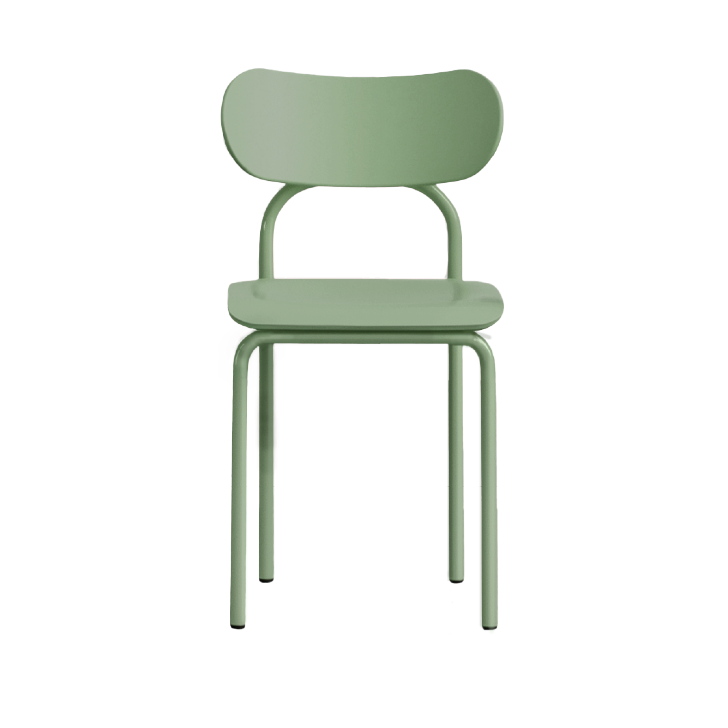 The Double U Chair by Victor Foxtrot boasts a minimalist design with a green metal finish, featuring a curved backrest and seat. Its tubular steel legs enhance the iconic look, offering a simple yet modern piece ideal for various settings.