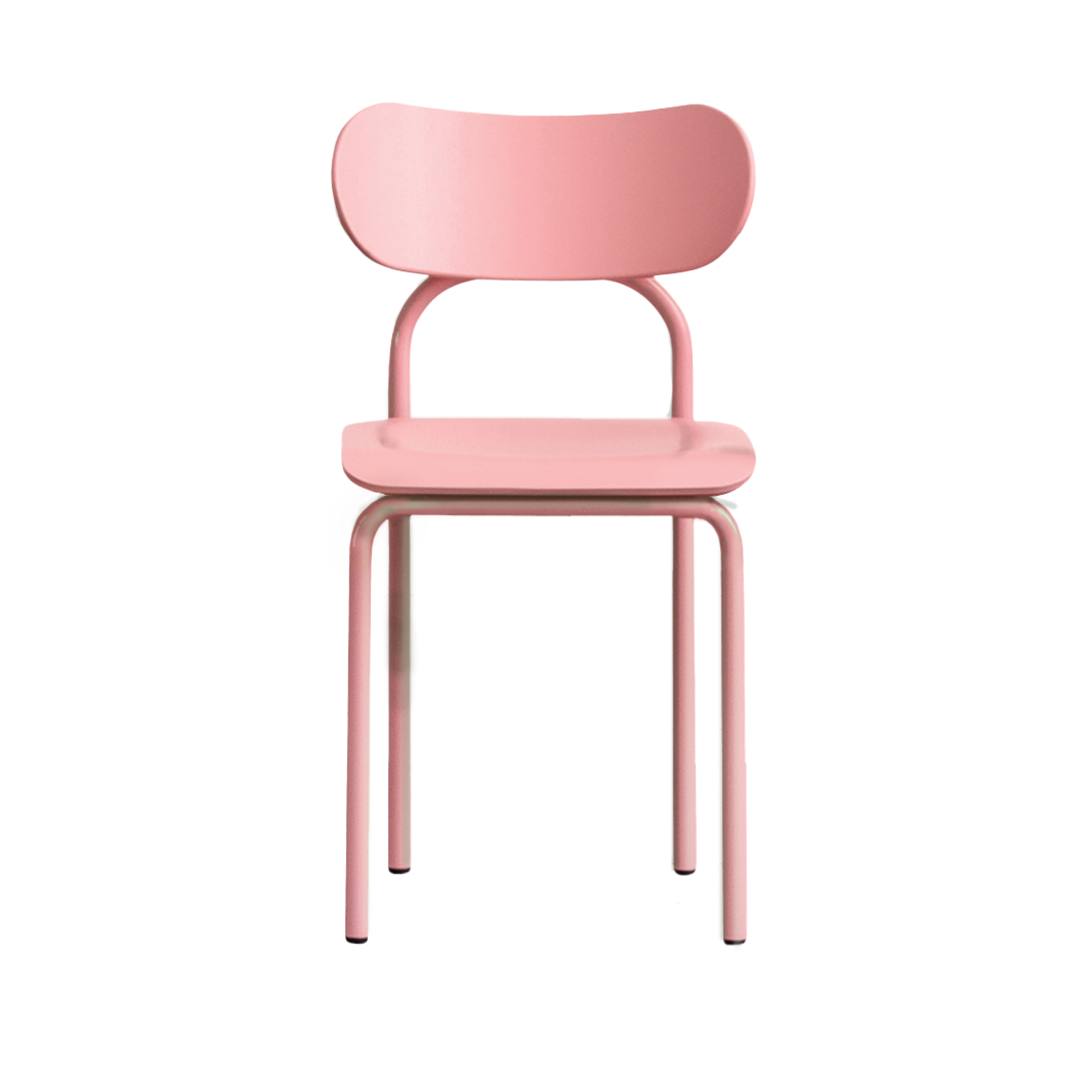The Double U Chair by Victor Foxtrot features a minimalist pink design with a curved backrest, smooth seat, and matching tubular steel legs, offering iconic aesthetics.