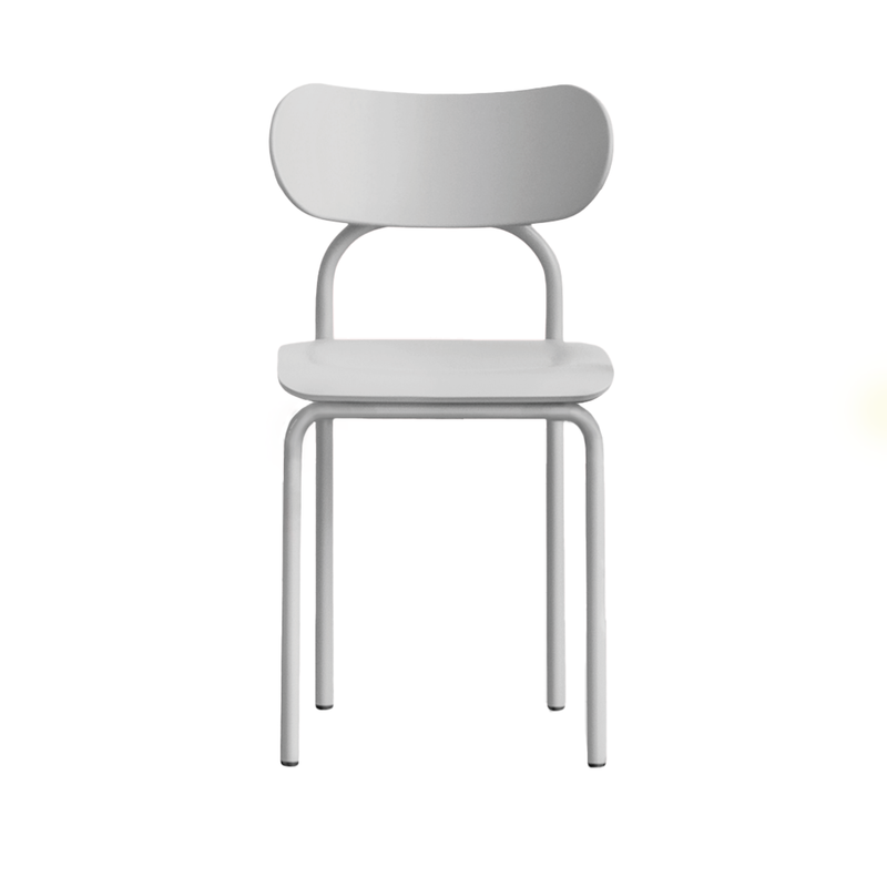 The Double U Chair by Victor Foxtrot is a minimalist, modern piece featuring a white curved backrest, simple seat, and contemporary tubular steel legs. Its iconic aesthetics shine through its sleek design.