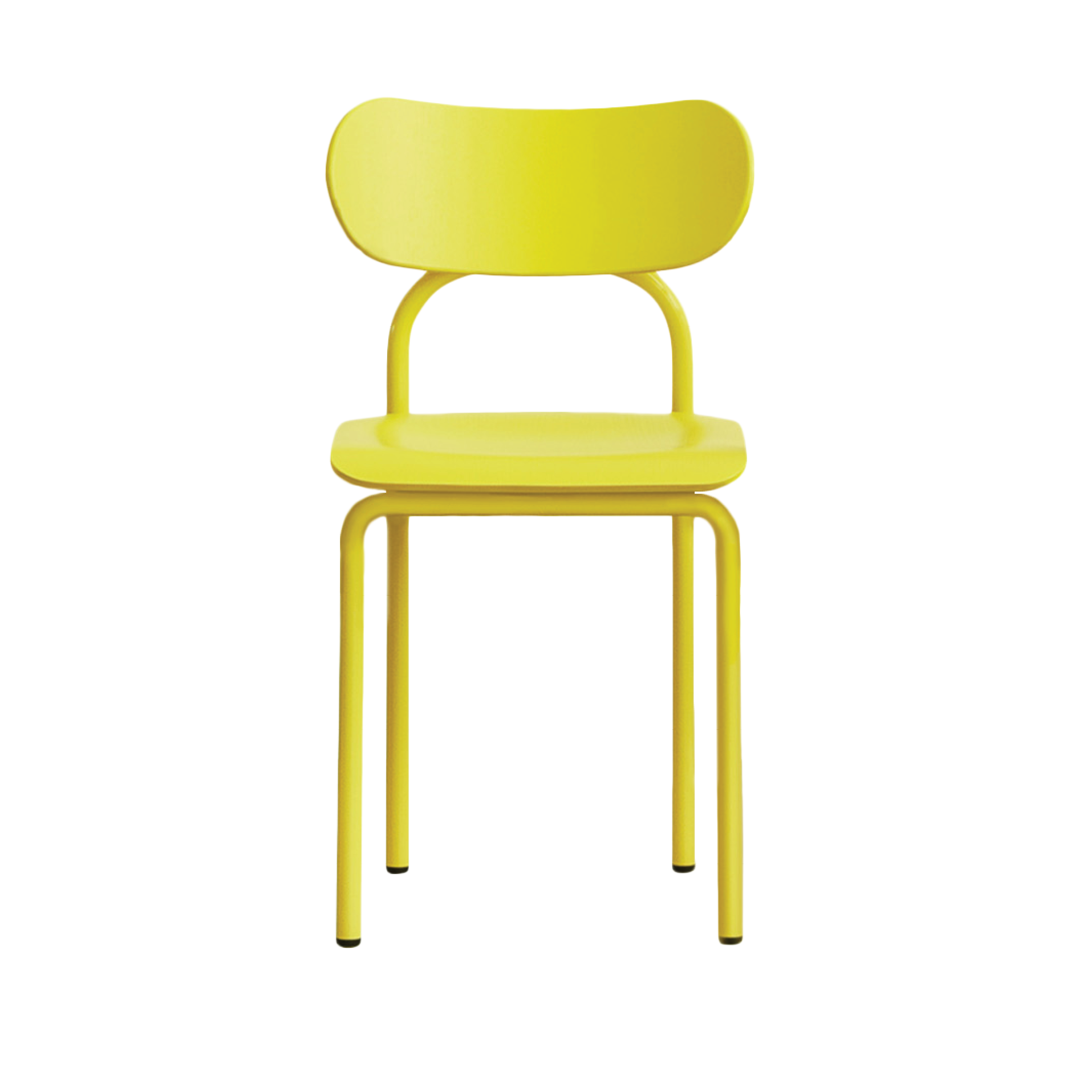 The Victor Foxtrot Double U Chair, in a vibrant yellow, showcases a simple modern design with a rounded backrest, flat seat, and four tubular steel legs for an iconic aesthetic.