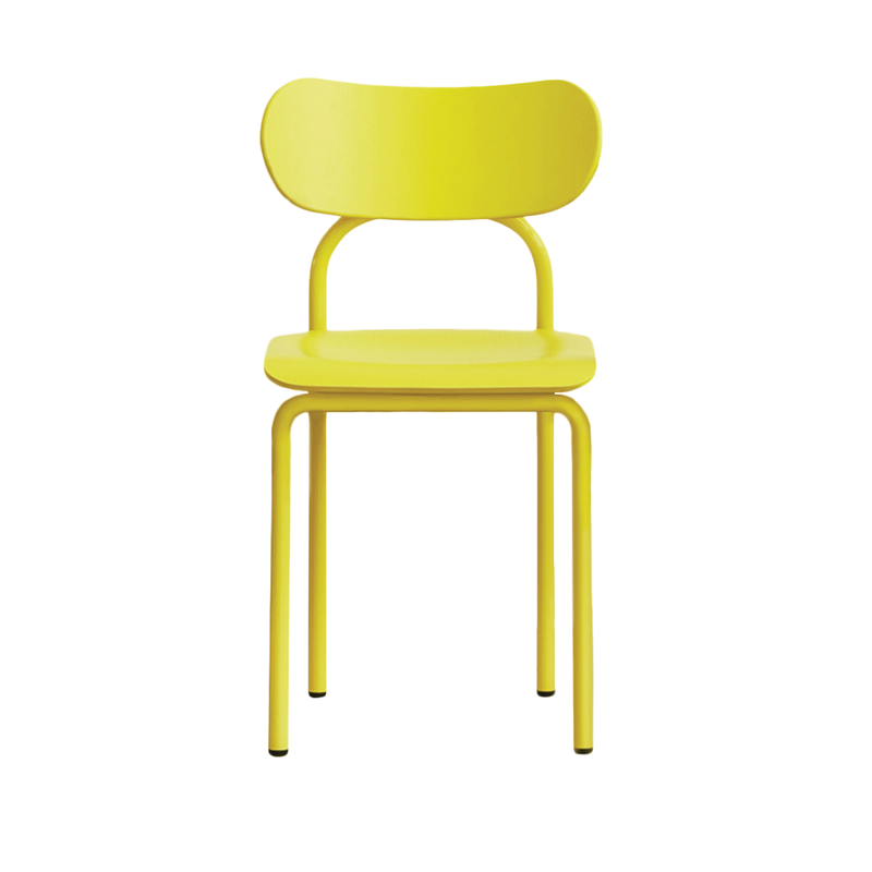 The Victor Foxtrot Double U Chair, in a vibrant yellow, showcases a simple modern design with a rounded backrest, flat seat, and four tubular steel legs for an iconic aesthetic.