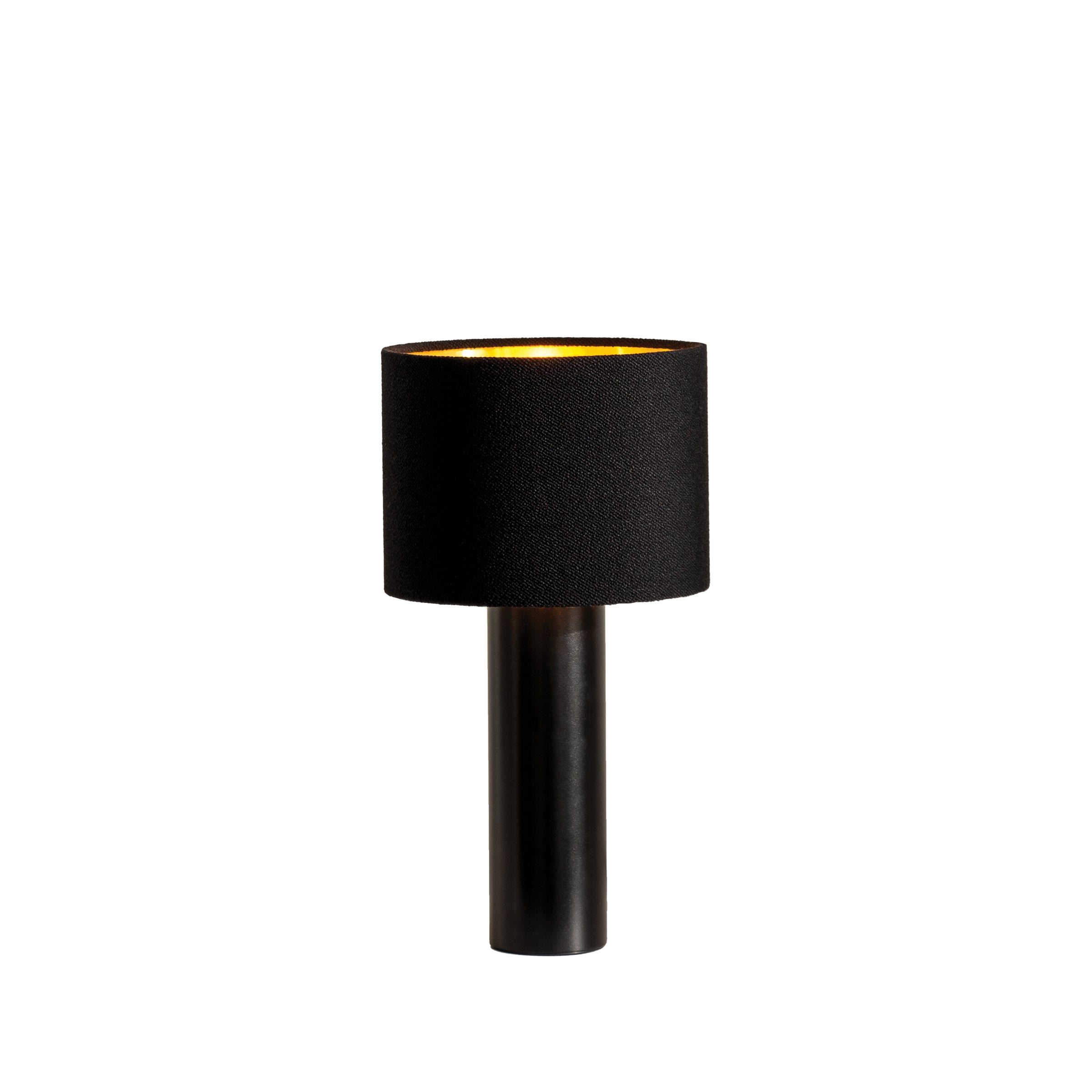Victor Foxtrots ALL ROUND MINI Table Lamp, featuring a sleek black cylindrical base and a wool fabric shade, adds a refined touch against a white backdrop.