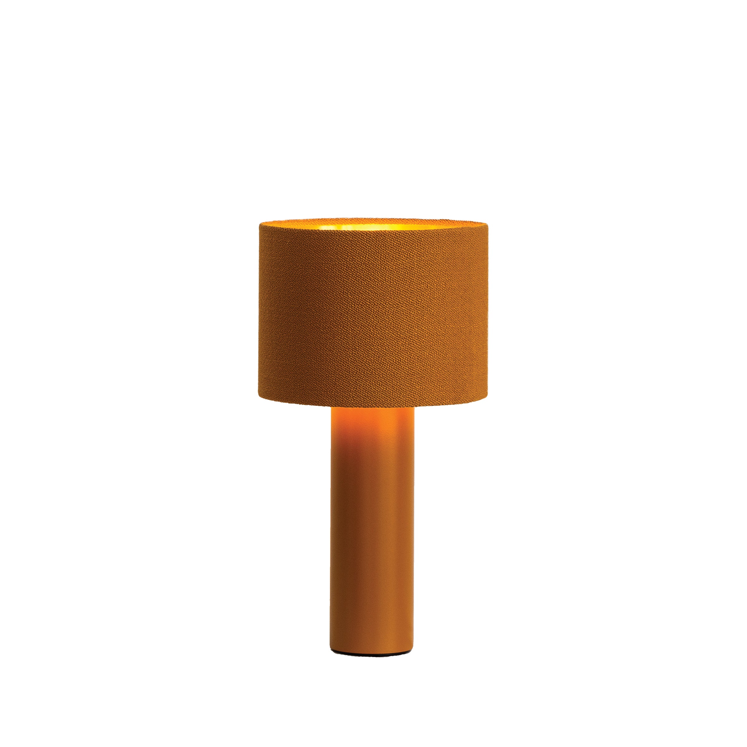 The Victor Foxtrot ALL ROUND MINI Table Lamp boasts a contemporary cylindrical design with a warm orange wool fabric lampshade and matching base. Isolated on a white background, it emits a soft, cozy glow.