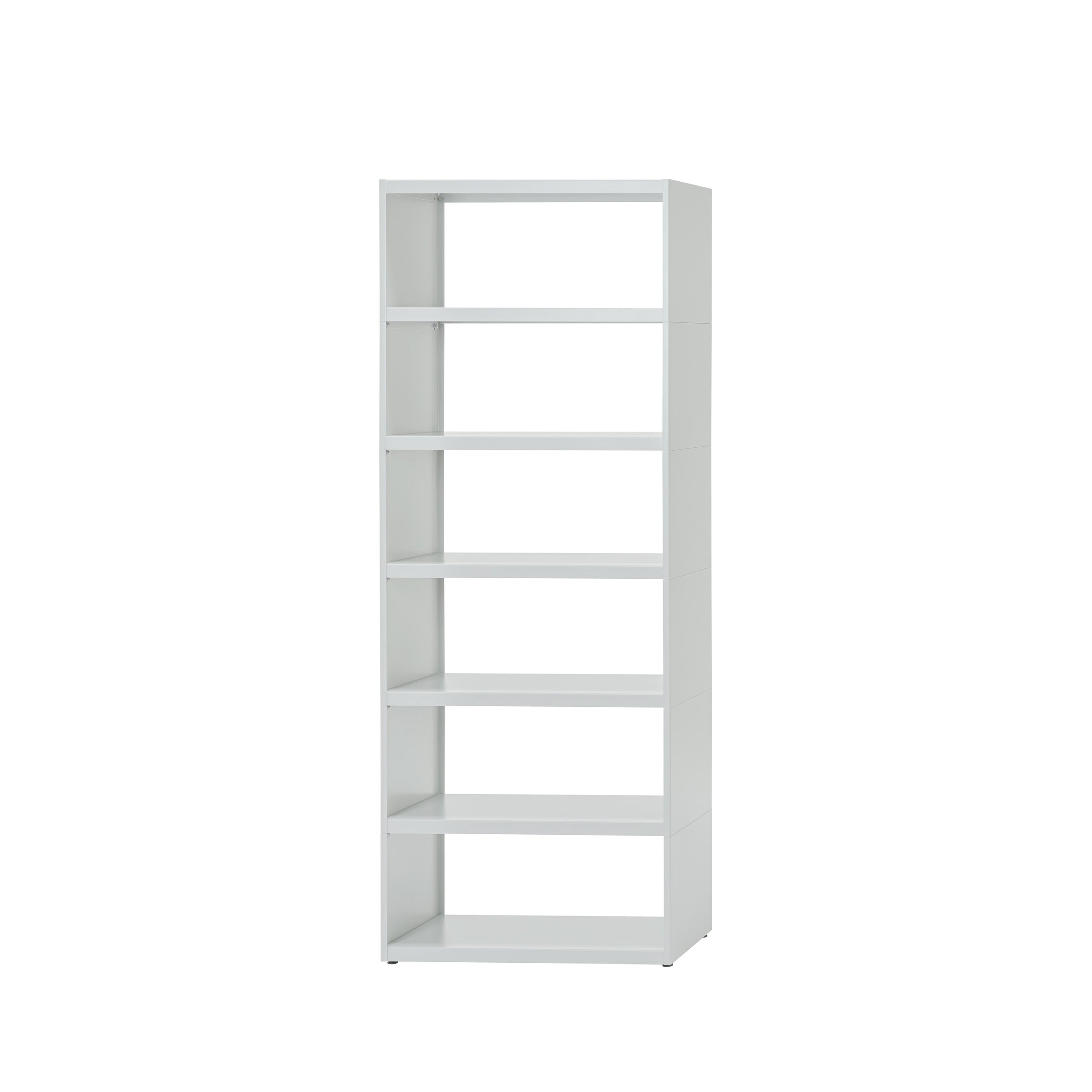 The Loehr W1 Stack Shelves is a tall, white six-shelf bookcase with an open back that embodies minimalist aesthetics. It stands elegantly against a white background and offers modular storage solutions to adapt to your evolving space needs.