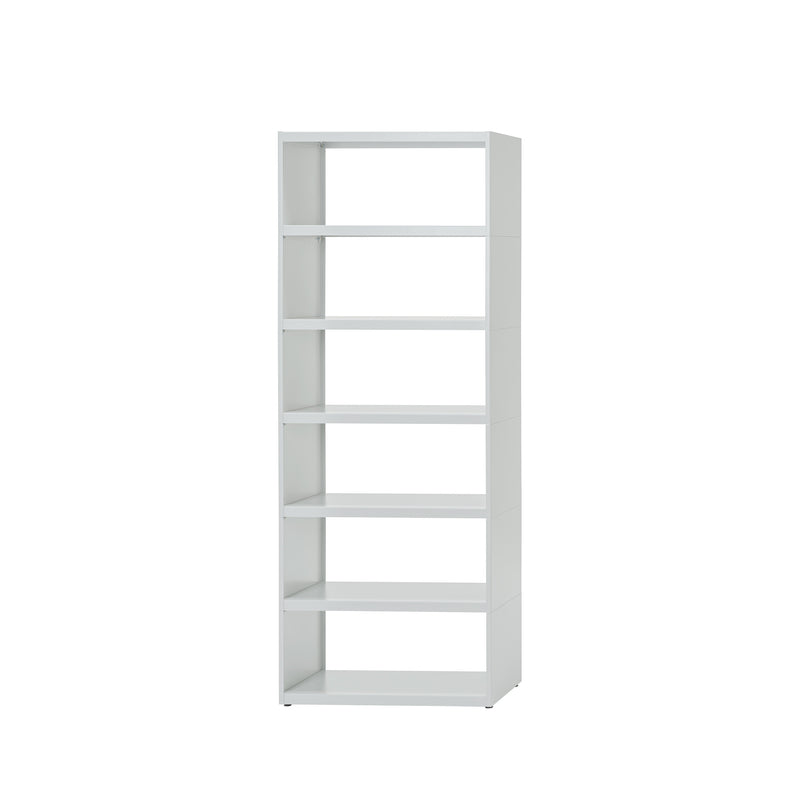 The Loehr W1 Stack Shelves is a tall, white six-shelf bookcase with an open back that embodies minimalist aesthetics. It stands elegantly against a white background and offers modular storage solutions to adapt to your evolving space needs.