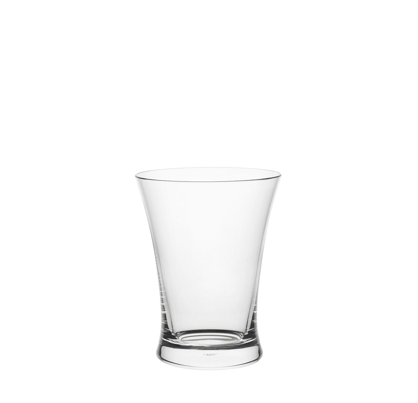A clear, empty glass from Lobmeyrs Drinking Set No. 231 - Barock, featuring a slightly tapered shape and thick base reminiscent of Viennese Baroque glass, set against a white background.