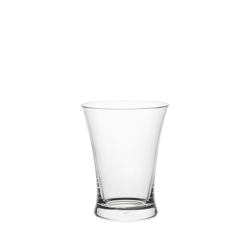 A clear, empty glass from Lobmeyrs Drinking Set No. 231 - Barock, featuring a slightly tapered shape and thick base reminiscent of Viennese Baroque glass, set against a white background.