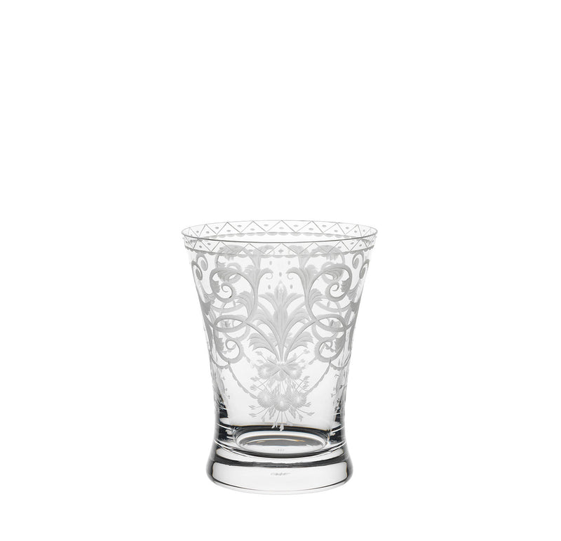 The Lobmeyr Drinking Set No. 231 - Barock boasts exquisitely mouth-blown lead-free crystal glass with intricately hand-engraved floral patterns, elegantly flared tops, and a plain white background.
