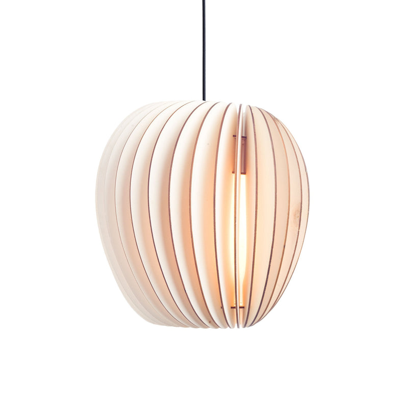 The Pirum - Sale by Schneid is a modern, spherical pendant light with an organic design featuring vertical wooden slats encasing a warm bulb, elegantly suspended from a black cord against a white background.