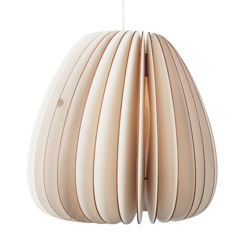 The Volum - Sale by Schneid is a modern pendant lamp with elliptical wooden panels forming an organic shape. Its light wood color adds minimalist charm, hanging elegantly from a slender white cord.