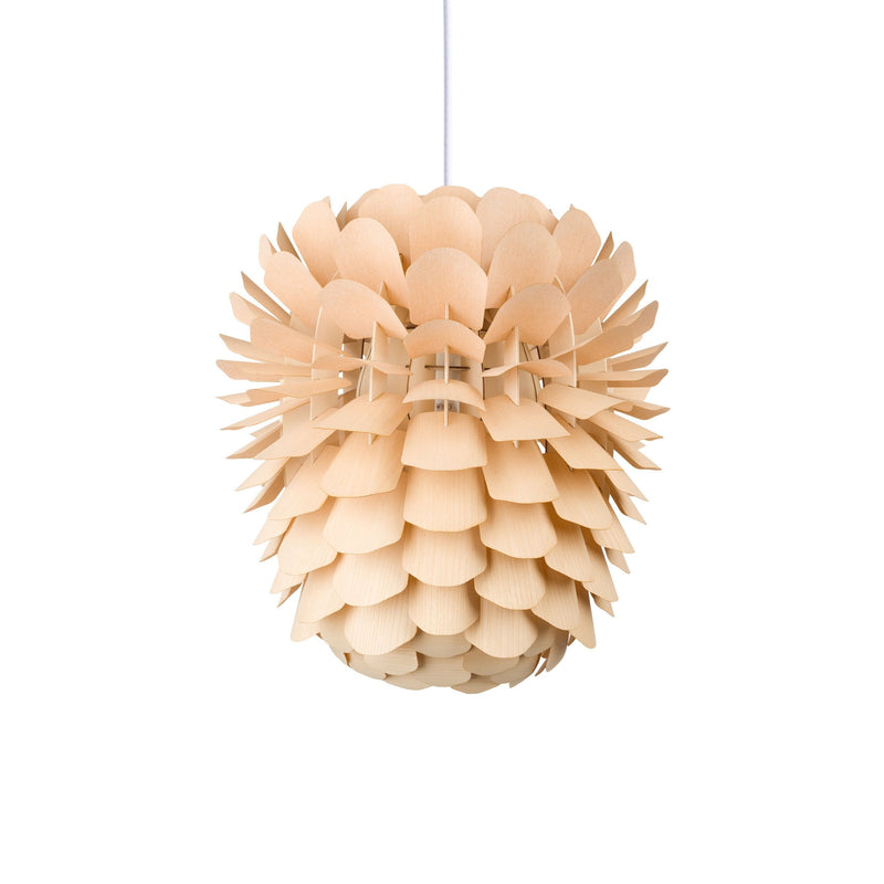 Introducing ZAPPY ASH by Schneid: a handmade, spherical wooden pendant lamp crafted from layered ash veneer pieces. Suspended by a white cord, its overlapping design resembles a blooming flower, combining elegance and charm.