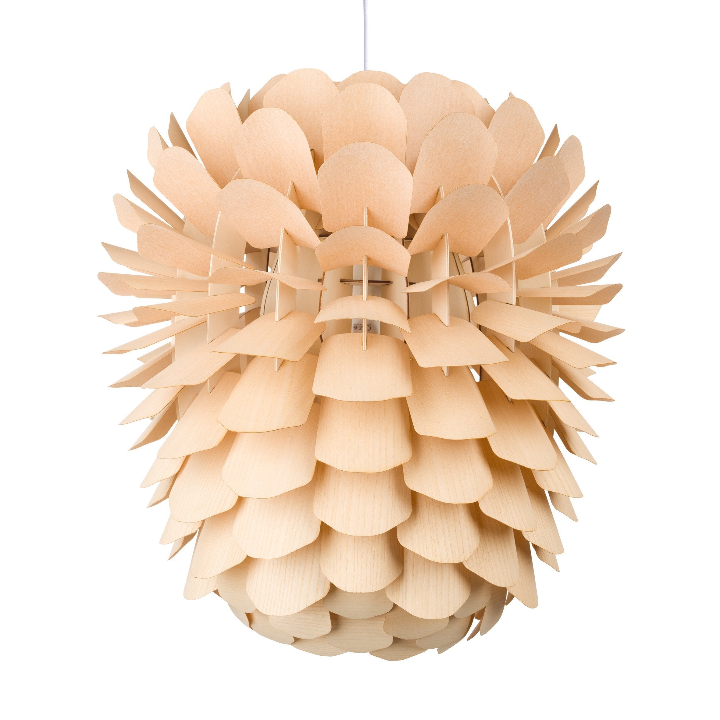 The ZAPPY ASH lamp by Schneid is a handmade lighting fixture with a pinecone-like design, featuring layered, overlapping oak veneer pieces. Its light wood color enhances its textured and intricate natural aesthetic.