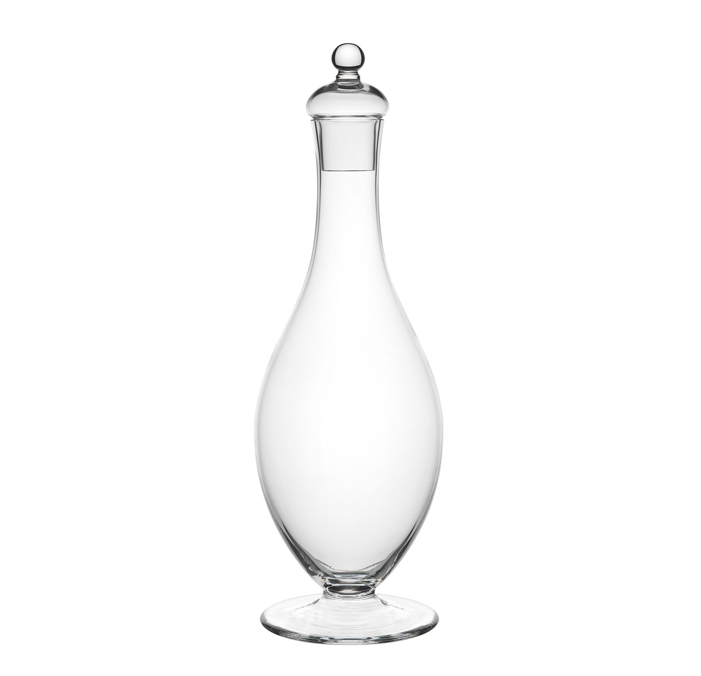 The elegant Drinking Set No. 231 - Barock by Lobmeyr, crafted from mouth-blown lead-free crystal, features a sleek decanter with a long neck and round stopper. Its smooth, curved body and wide base stand against a plain white background in minimalist style.