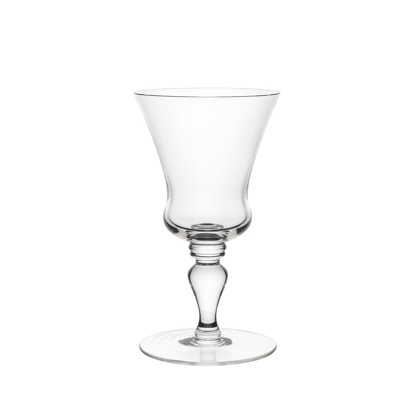 The Drinking Set No. 231 - Barock by Lobmeyr is a mouth-blown, lead-free crystal wine glass with a wide bowl, narrow stem, and circular base. Its clear design against a white background exudes timeless sophistication.