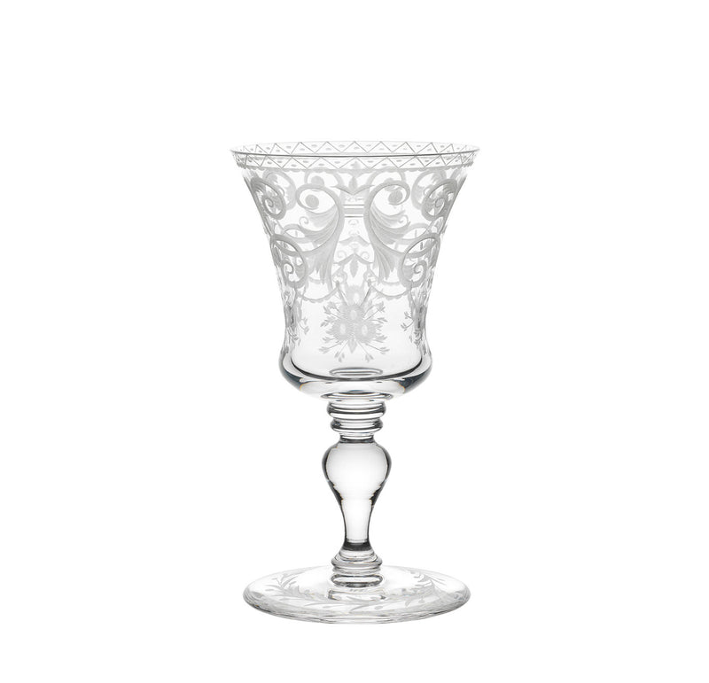 The Lobmeyr Drinking Set No. 231 - Barock features a clear, mouth-blown lead-free crystal glass with an engraved ornate floral and swirling pattern on the bowl, complemented by a slender stem and round base.
