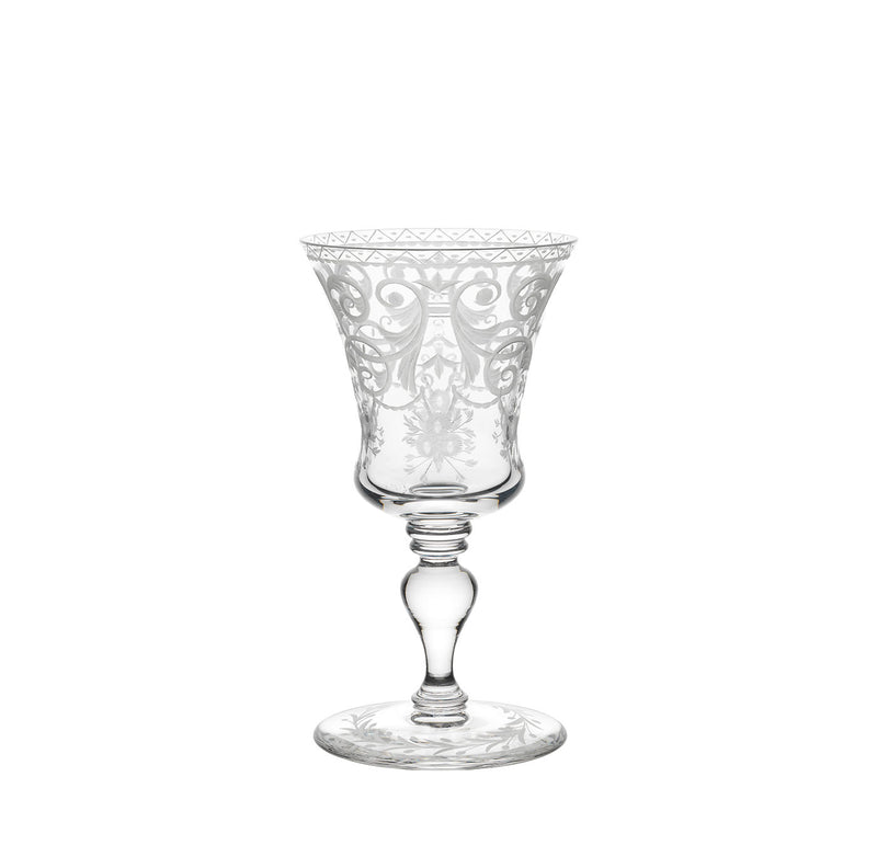 The Drinking Set No. 231 - Barock by Lobmeyr features a clear, mouth-blown lead-free crystal wine glass with intricate etched floral and geometric patterns on the bowl, and a decorative stem with a round base, reflecting elegant Viennese Baroque artistry.