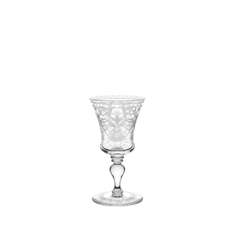 The Lobmeyr Drinking Set No. 231 - Barock features a clear crystal wine glass with an intricate floral design, a short stem, and circular base, crafted from mouth-blown lead-free crystal.