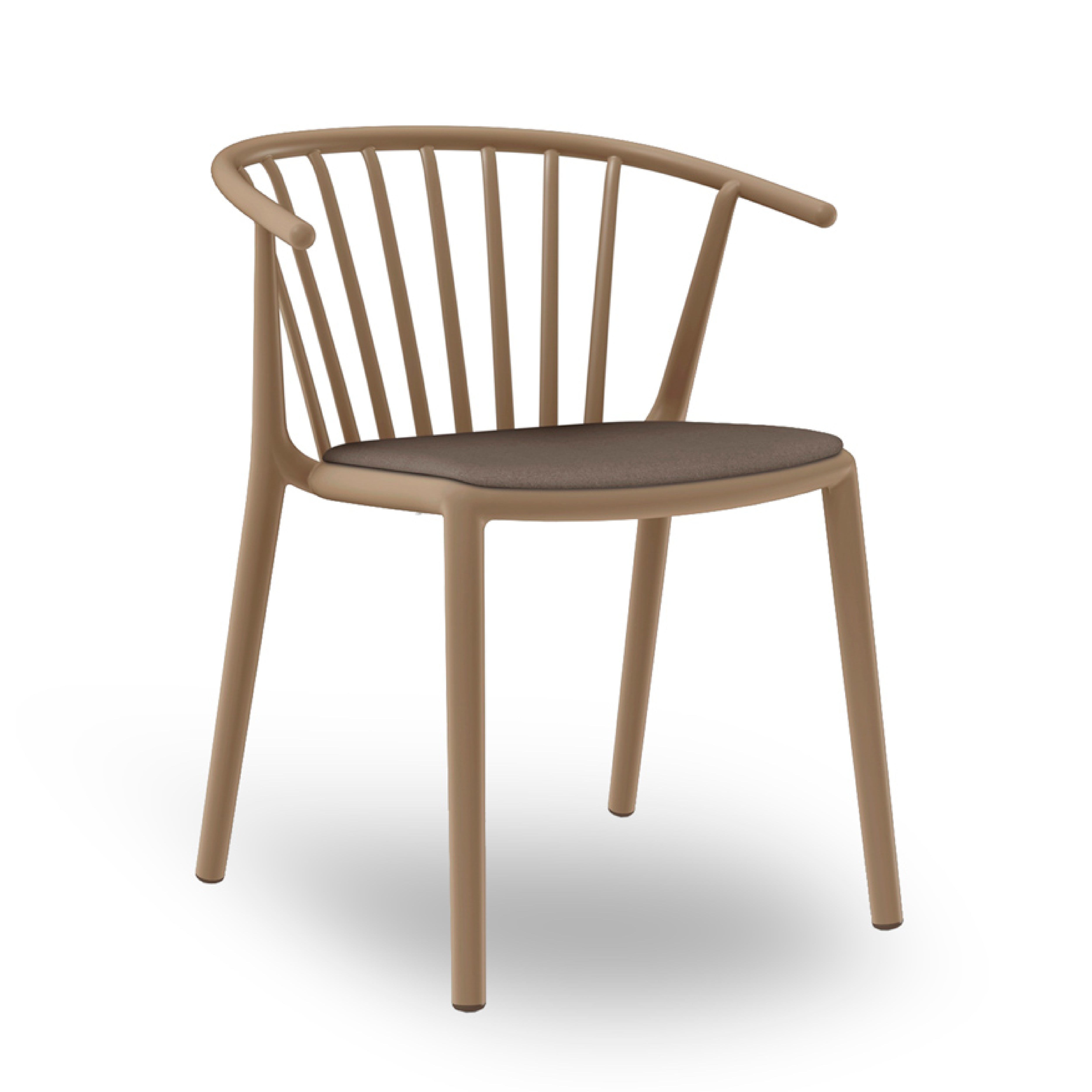 The Woody Upholstered Chair by Resol is a modern interior piece featuring a light brown frame, rounded backrest with vertical slats, and a cushioned dark brown seat, all crafted sustainably.