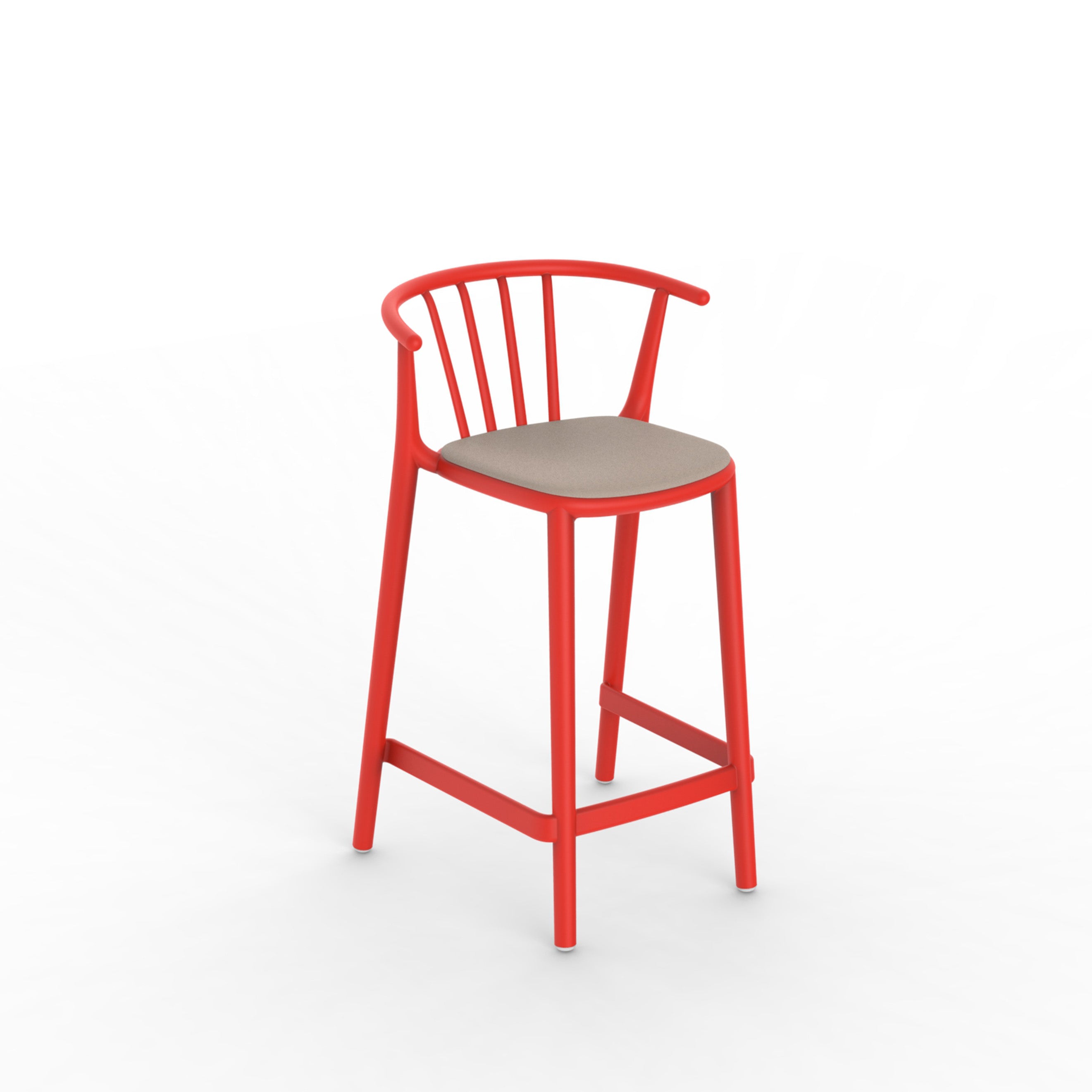 The Resol Woody Stool Upholstered is a red, modern bar stool with a curved backrest featuring vertical slats and a round taupe seat cushion, suitable for interior and exterior use. It has four legs, with a footrest connecting the front two, all set against a plain white backdrop.