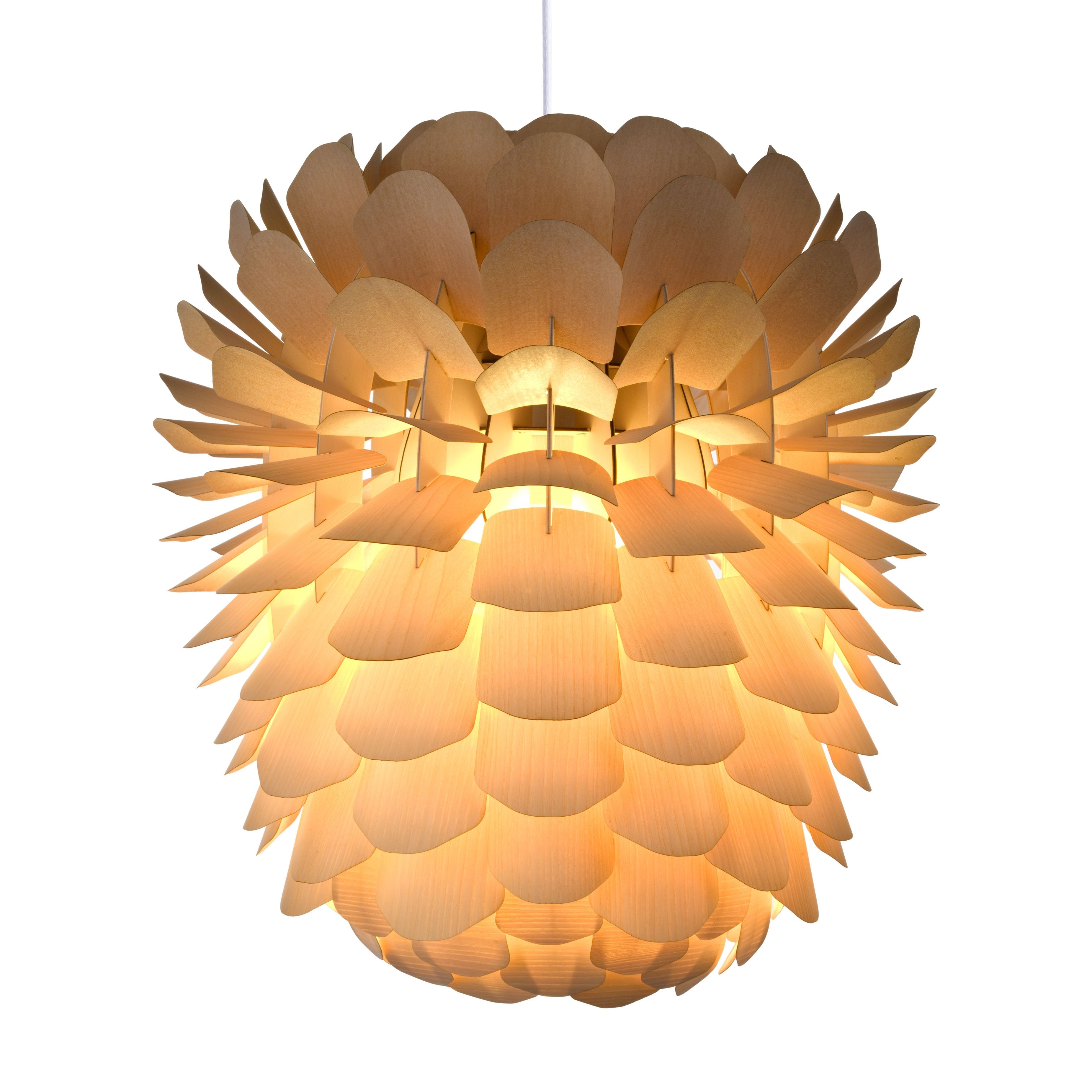 The Zappy Ash by Schneid is a wooden pendant lamp crafted with oak veneer, featuring a layered leaf or scale-like design. It emits a warm glow that enhances the natural wood tones, creating a cozy ambiance and highlighting the charm of handmade lighting.
