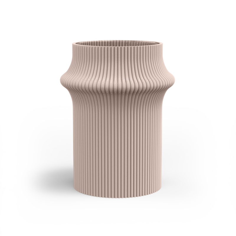 The Zayl 247g Vase by Sheyn is a beige, vertically ribbed cylindrical piece with a wider midsection, set on a gray surface against a light backdrop. Crafted via 3D printing, its textured design delivers an eco-friendly modern elegance.