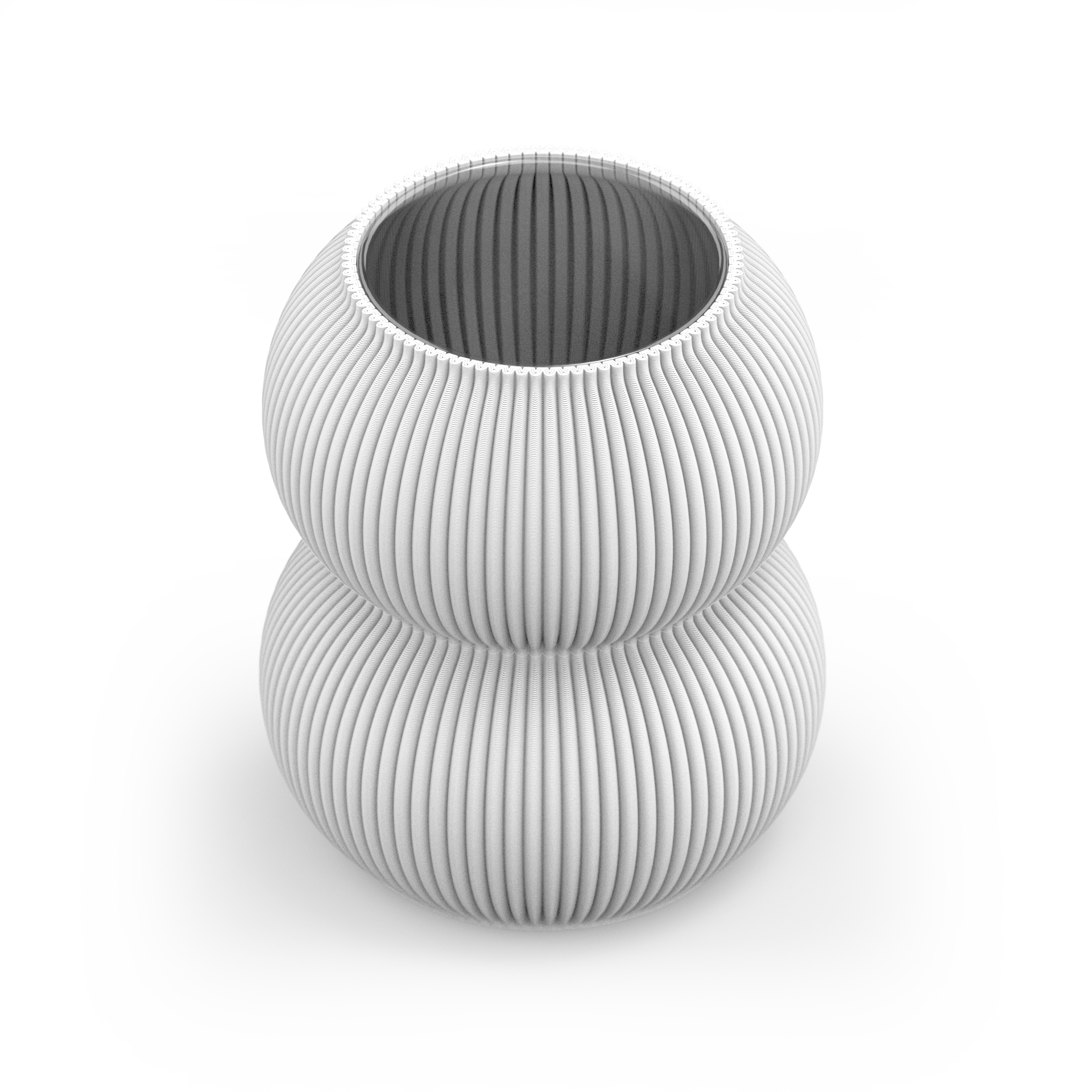 The Zayl 159g Vase by Sheyn, in modern white ceramic with vertical ribbed grooves and a double-gourd shape, stands against a plain gray background. Crafted using eco-friendly 3D printing technology, this hollow vase features a textured surface.