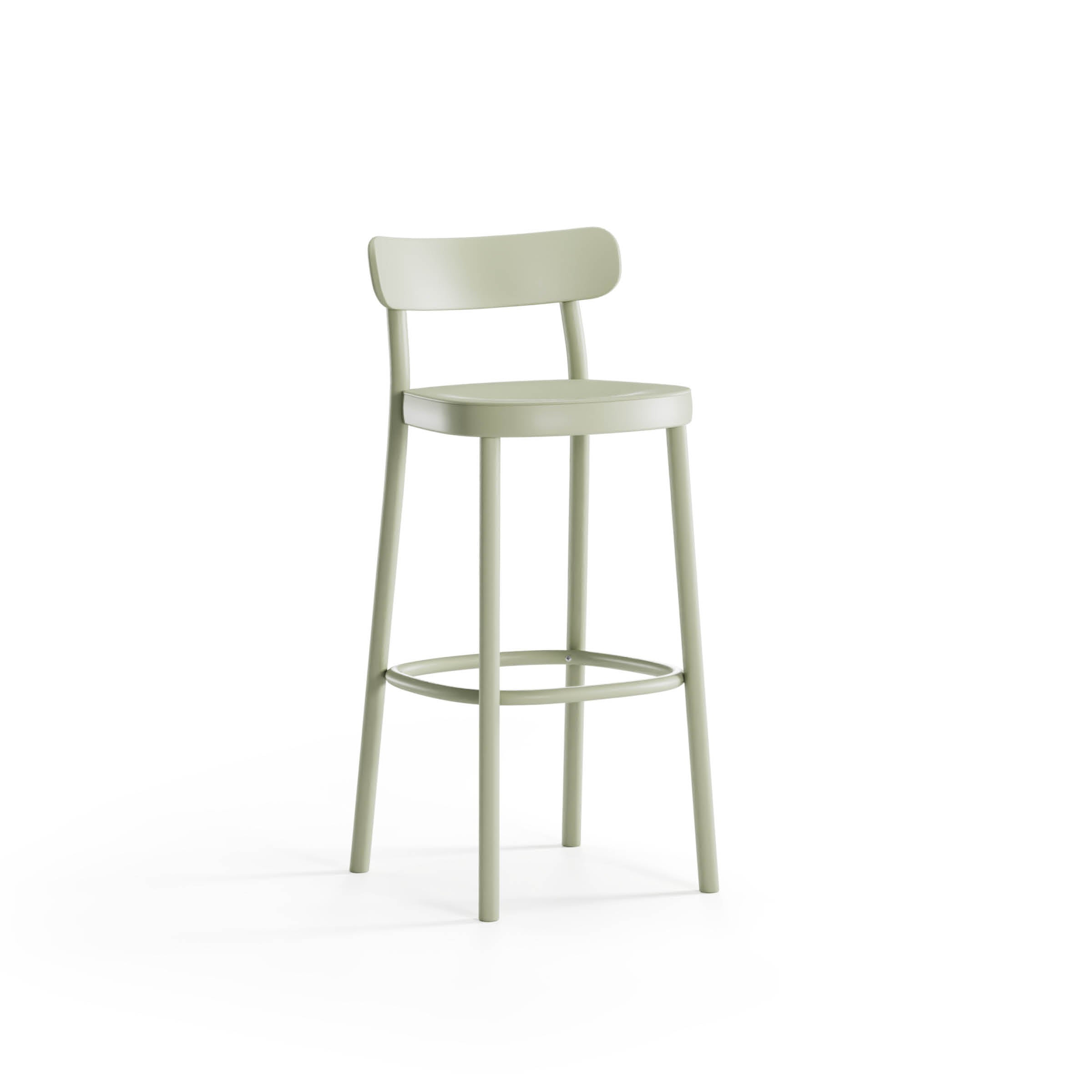 The Barstool La Zitta by TON, designed by Alexandr Gufler, features a light green color with a simple design. It has a curved backrest, circular seat, and four slender legs with a footrest. The stool is perfectly proportioned against a plain white background.