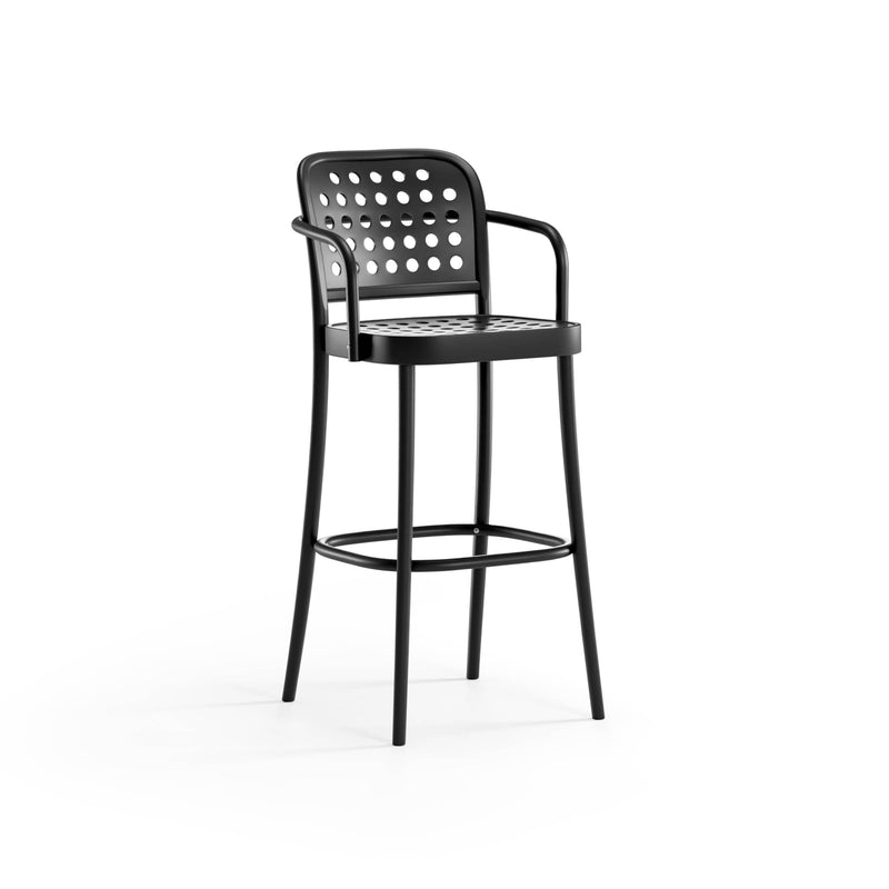The Barstool 822 with Backrest by TON is a sleek black metal design featuring minimalist shapes, a perforated backrest and seat, armrests, four slender legs, rounded edges, and a convenient footrest.