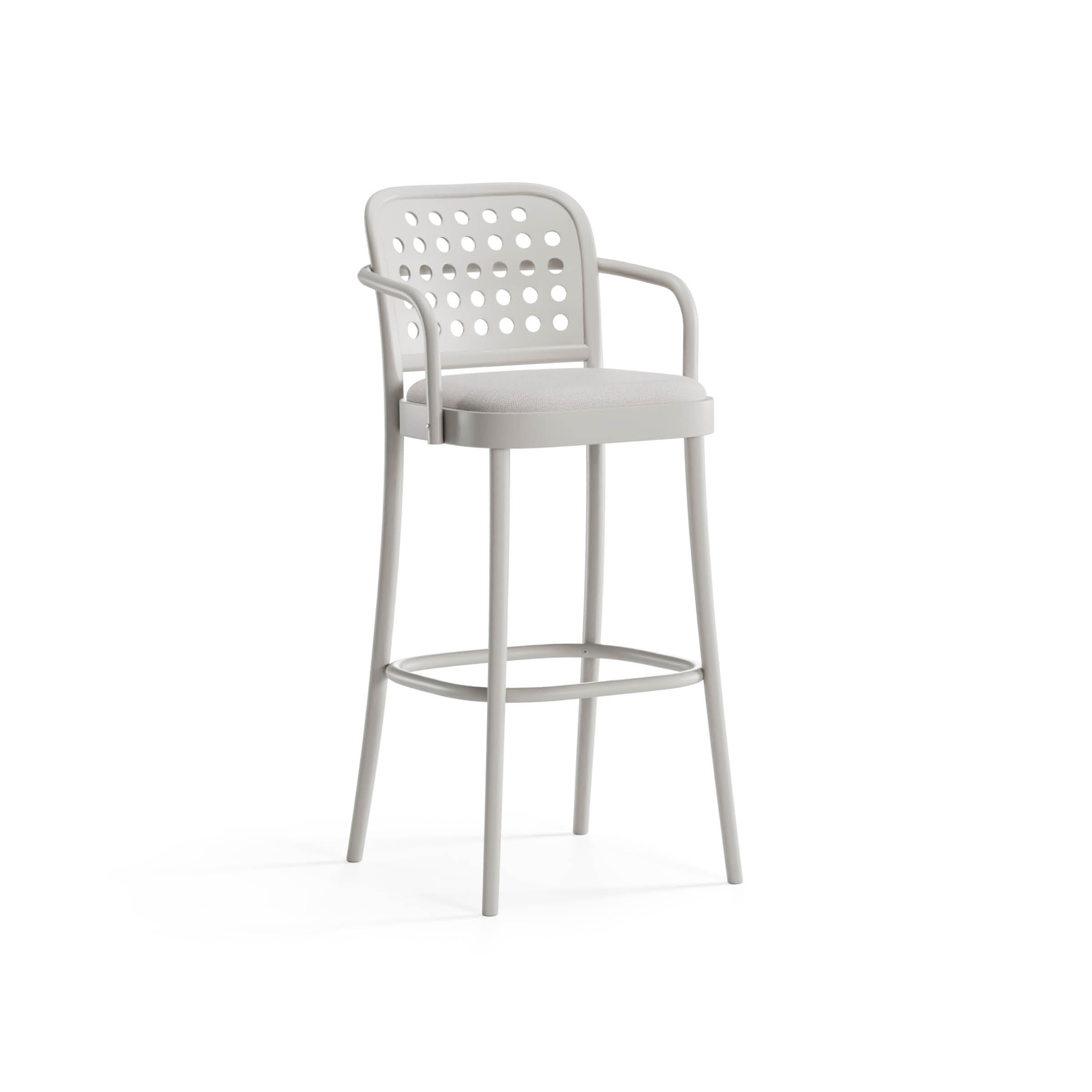 The Barstool 822 with Backrest by TON is a modern, light gray seat featuring minimalist shapes, a perforated backrest, armrests, and a cushioned seat. It has four slender legs and a footrest, blending contemporary Swedish design with functionality.