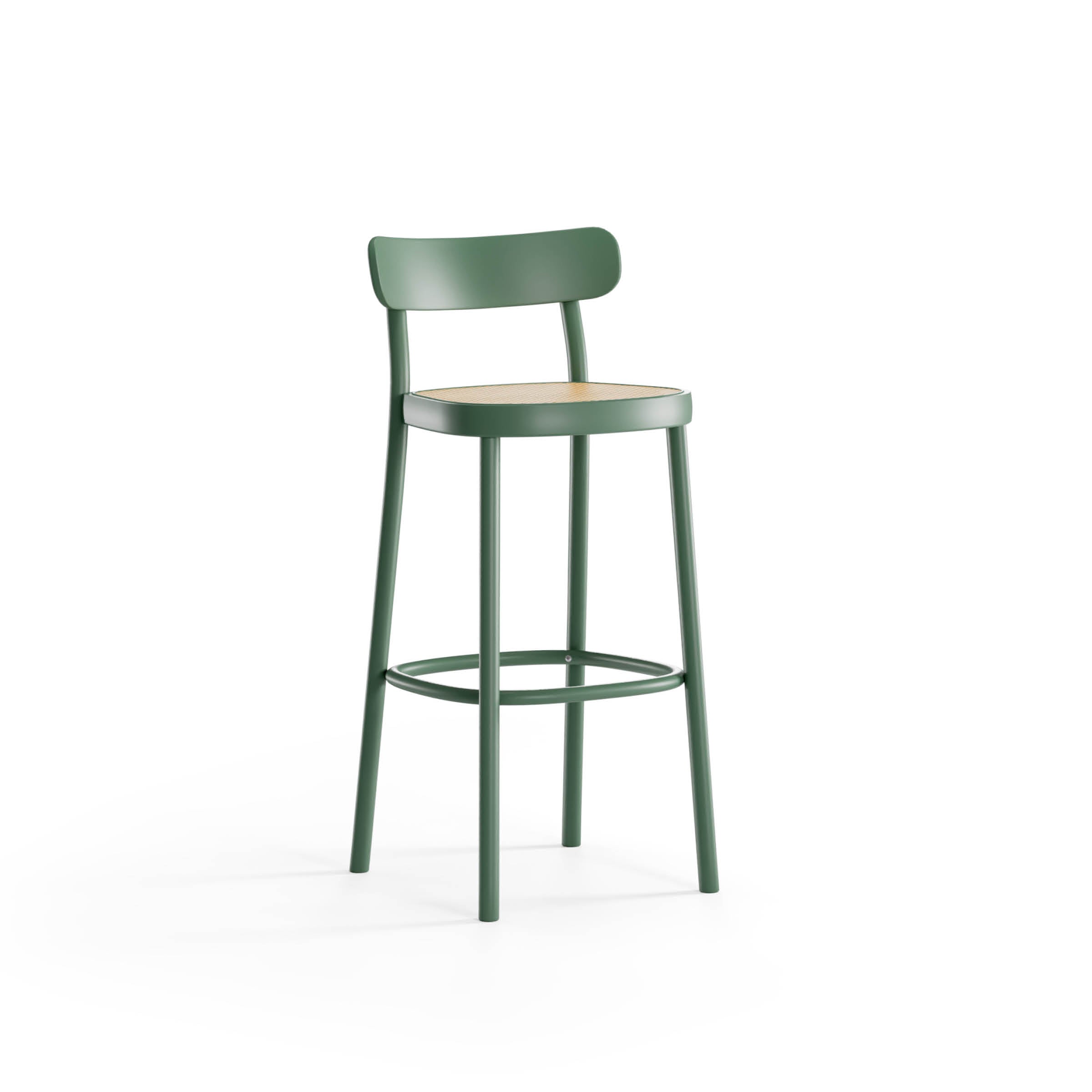 The Barstool La Zitta by TON, designed by Alexandr Gufler, showcases a minimal backrest and light wooden seat. With four legs and a circular footrest, it’s perfect for modern spaces seeking stylish barstool dimensions against a white backdrop.
