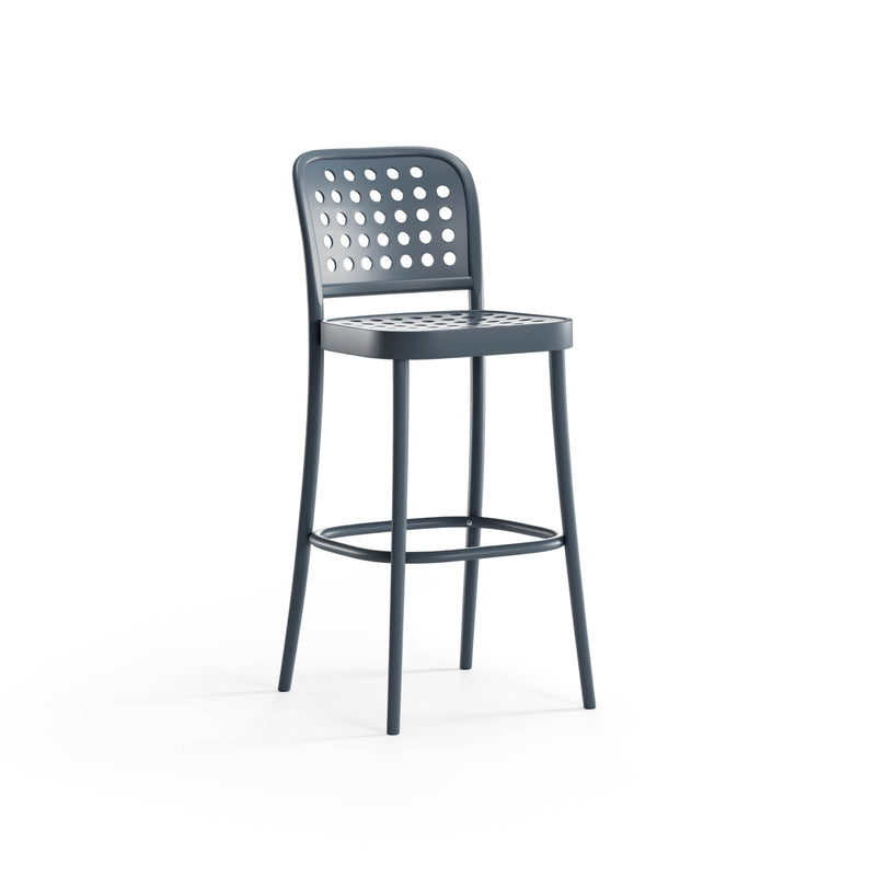 The Barstool 822 with Backrest by TON is a modern, tall bar stool featuring minimalist Swedish-inspired design with a dark finish, perforated backrest, sleek frame, flat squared seat, and integrated footrest, exuding contemporary elegance.