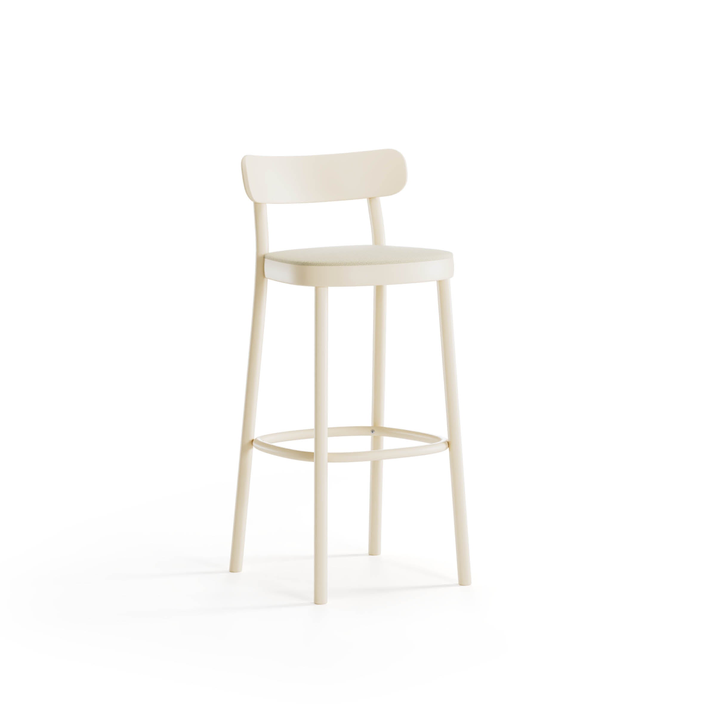 The Barstool La Zitta by TON, designed by Alexandr Gufler, showcases a minimalist cream style with a round seat and curved backrest. Its four slender legs and circular footrest provide modern elegance against a plain white backdrop.