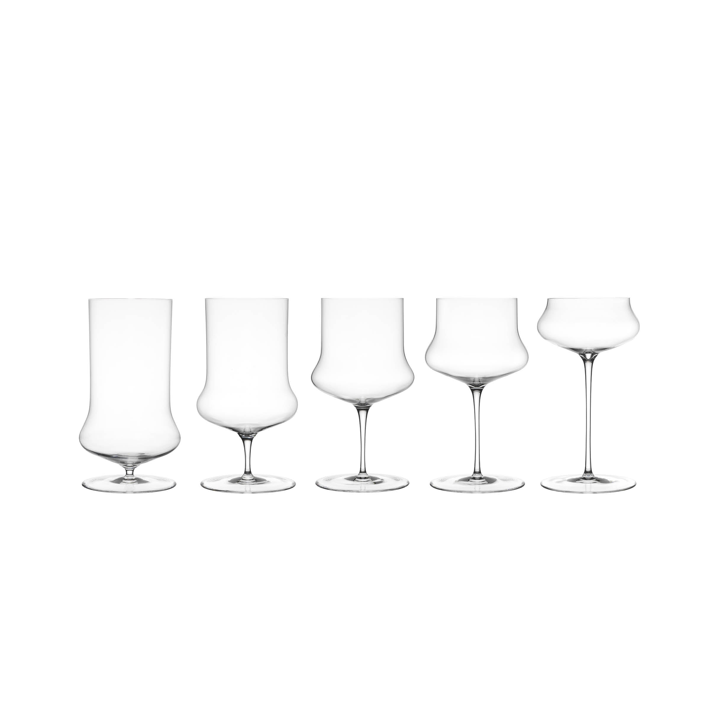 The Drinking set no.287 Ident by Lobmeyr features five styles of lead-free crystal glassware—each distinct, from a straight tumbler to stemmed wine and cocktail glasses—elegantly arranged against a white background, showcasing the exquisite craftsmanship reminiscent of mischertraxler studio.