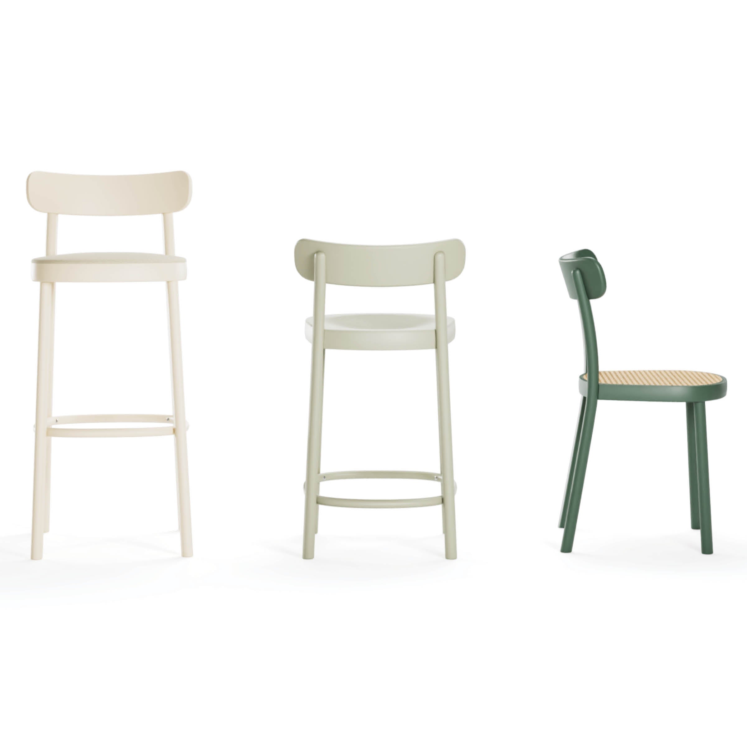 Three modern chairs in pastel shades are arranged from left to right: a sleek white tall barstool, a muted green Barstool La Zitta by TON and Alexandr Gufler, and a dark green chair with a woven seat, all set against a plain white background.