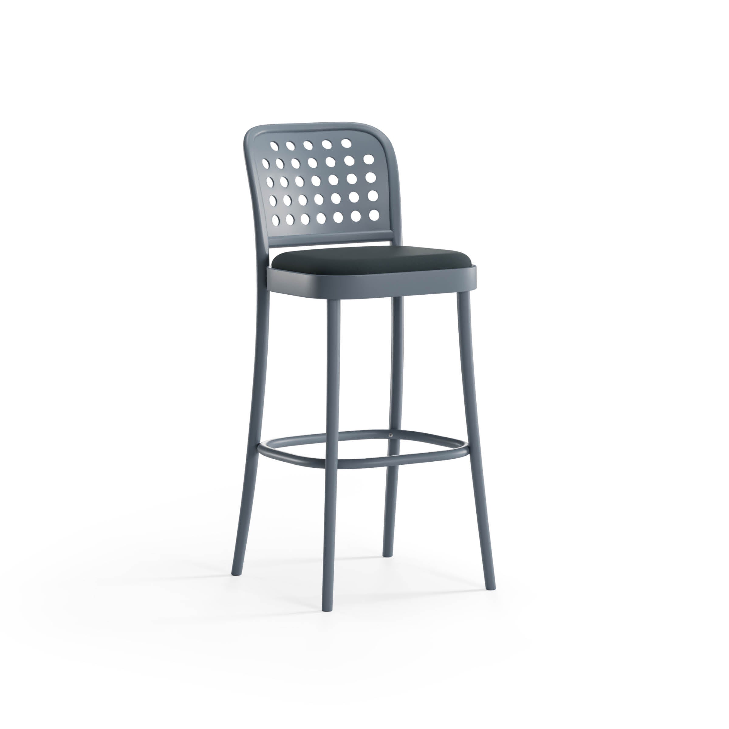 The Barstool 822 with Backrest by TON features a gray frame, round seat cushion, and backrest with minimalist circular cutouts. It boasts four slender legs and a footrest, offering Swedish design combined with functional seating.