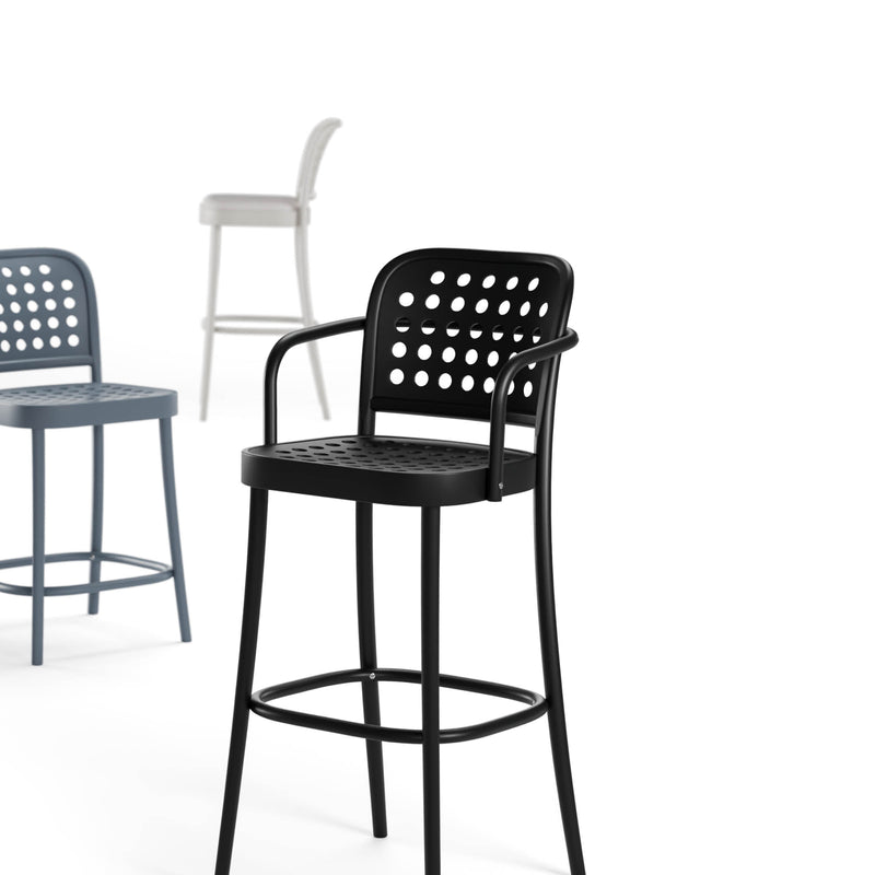 Three Barstool 822 with Backrest by TON in black, gray, and blurred white highlight minimalist Swedish design. The black stool is prominent, the gray follows behind, and the white recedes into a pristine backdrop.