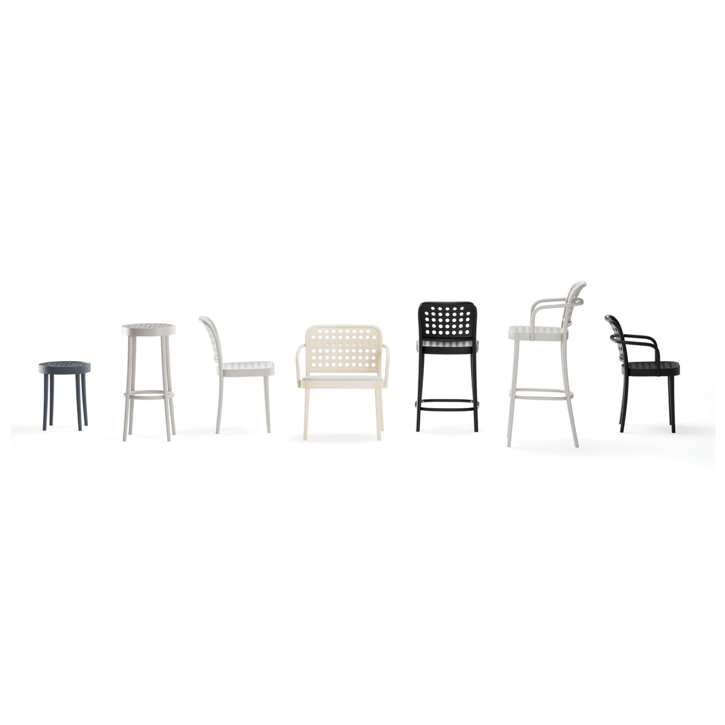 The display features seven chairs, showcasing Swedish design with varying styles, heights, and colors from white to black. Highlighted is the Barstool 822 with Backrest by TON among stools, dining chairs, and armchairs in minimalist shapes against a white background.
