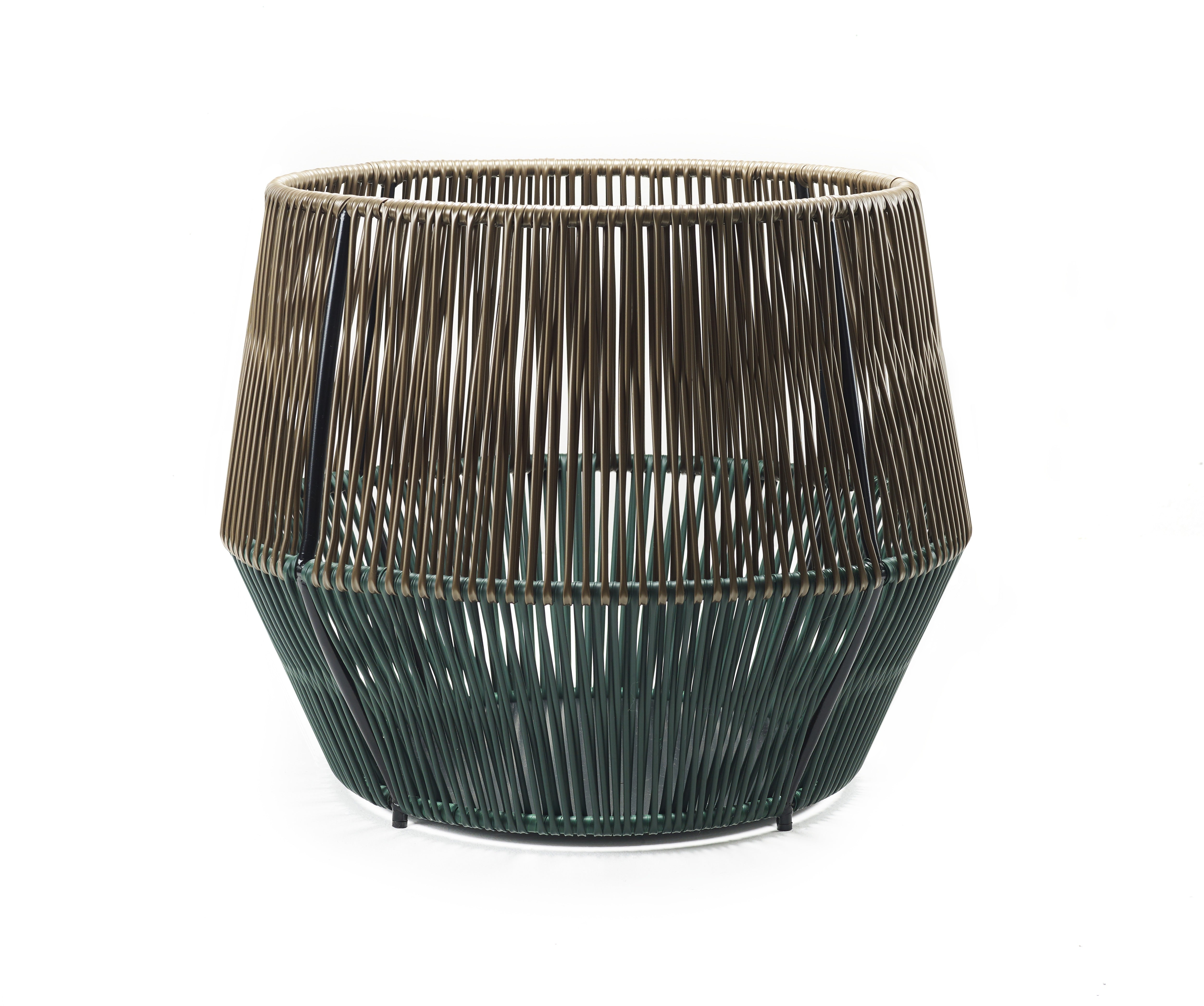 The Ames Caribe Chic Basket 2 features a modern, geometric design in brown and dark green rods, with an open airy structure, wide circular opening, and narrow base—ideal for stylish outdoor storage.