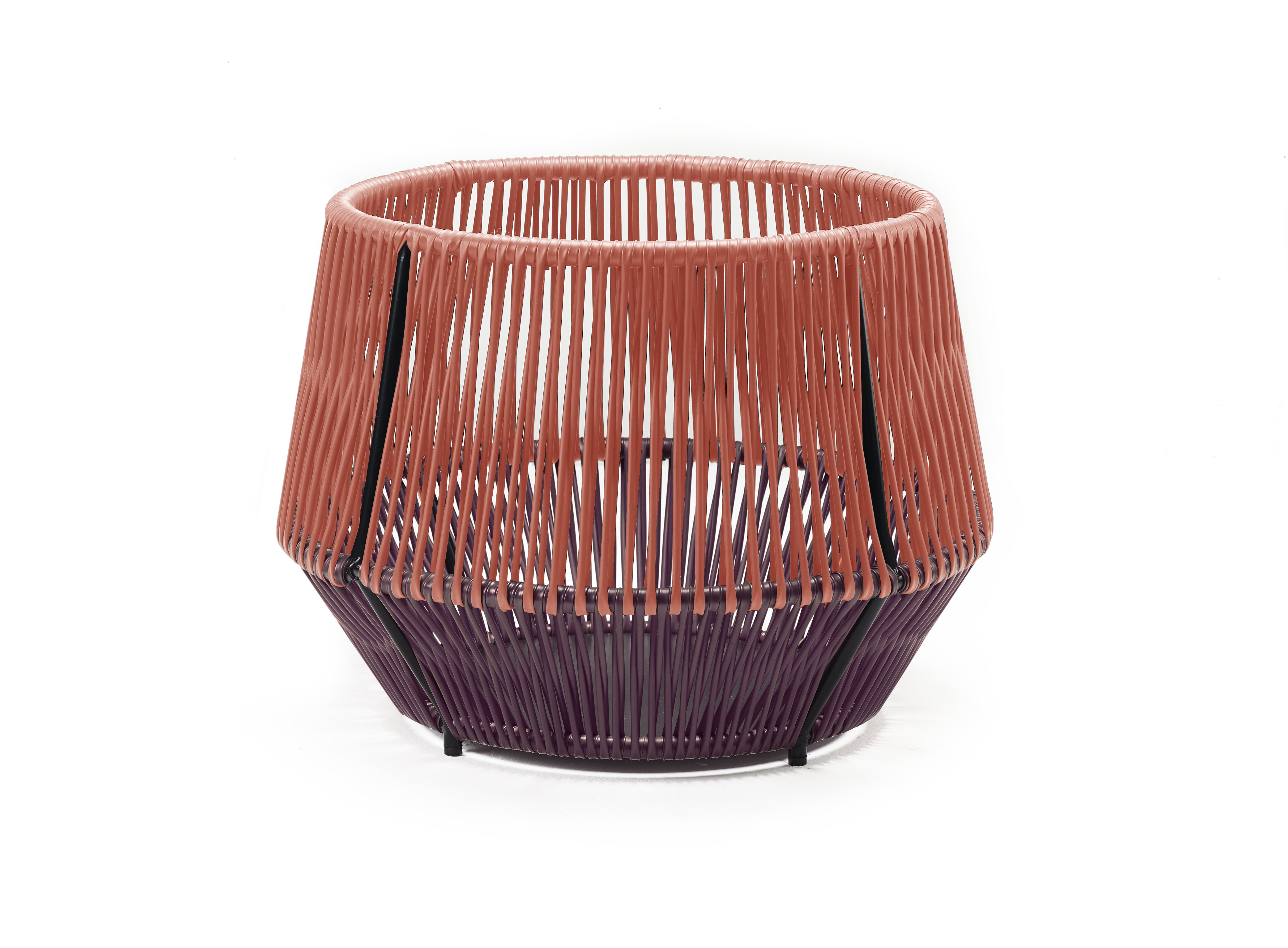 The Ames Caribe Chic Basket 2 is a modern, round basket with vertical pink and purple recycled plastic strands on a black frame—a stylish outdoor storage solution.